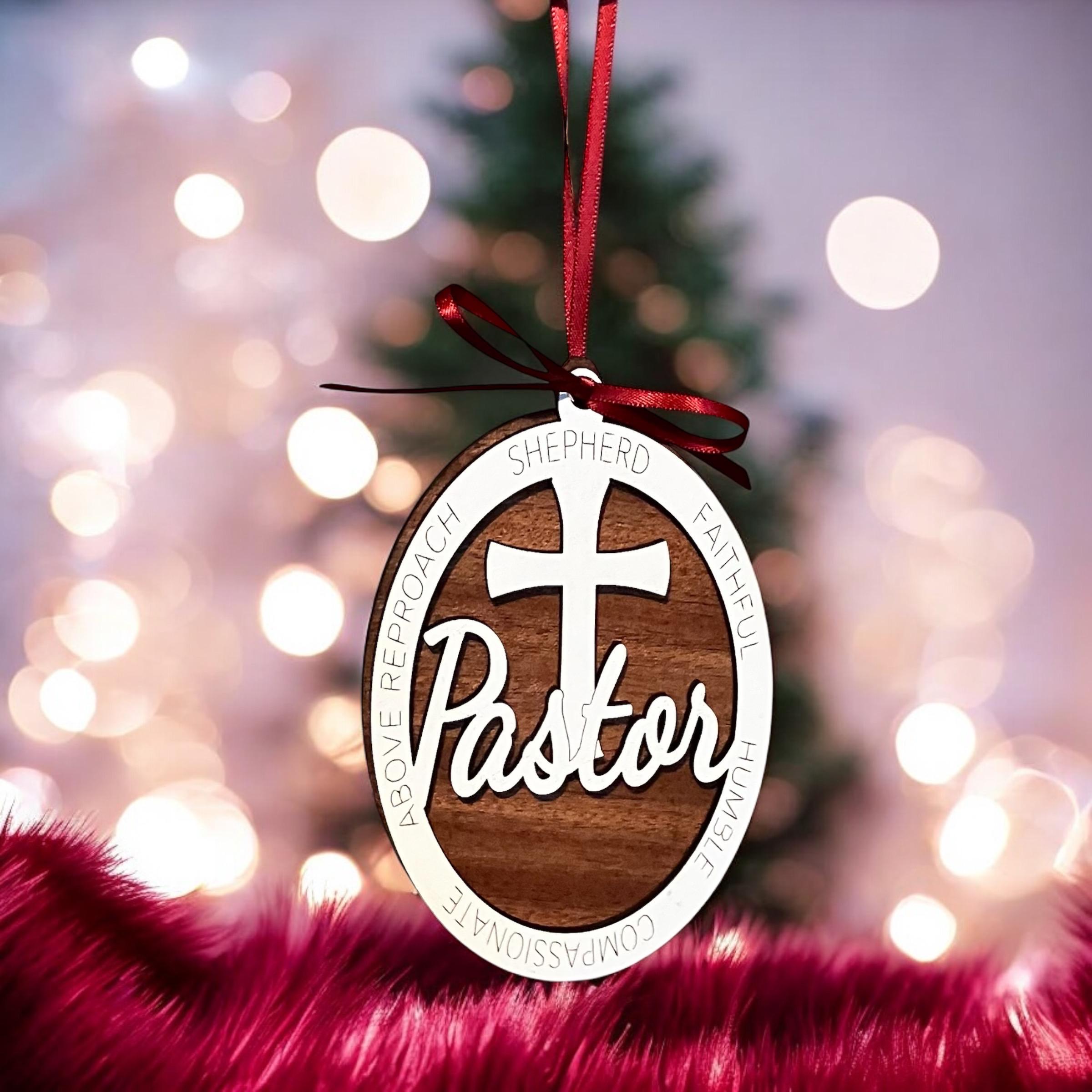 Christian clergy ornament hanging on Christmas tree lights