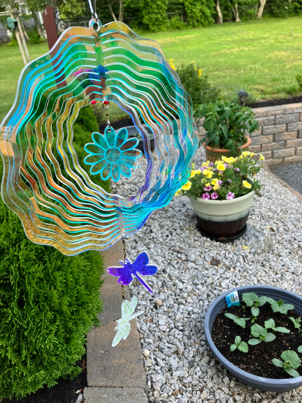 Iridescent Dragonfly Wind Spinner: Hanging Garden Decoration - Stitches and Wood