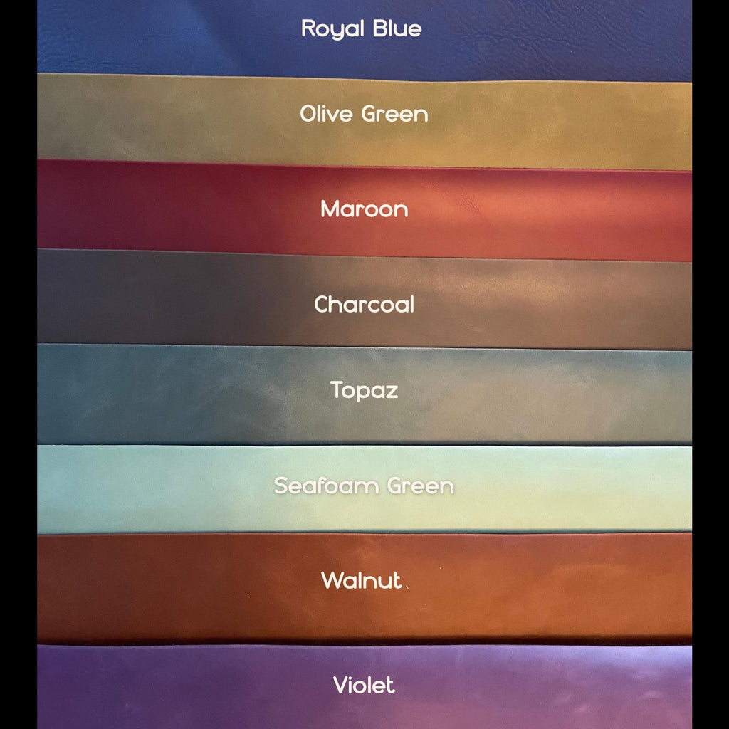 Leatherette color options labeled Royal Blue, Olive Green, Maroon, Charcoal, Topaz, Seafoam Green, Walnut, and Violet for custom book valet accents.