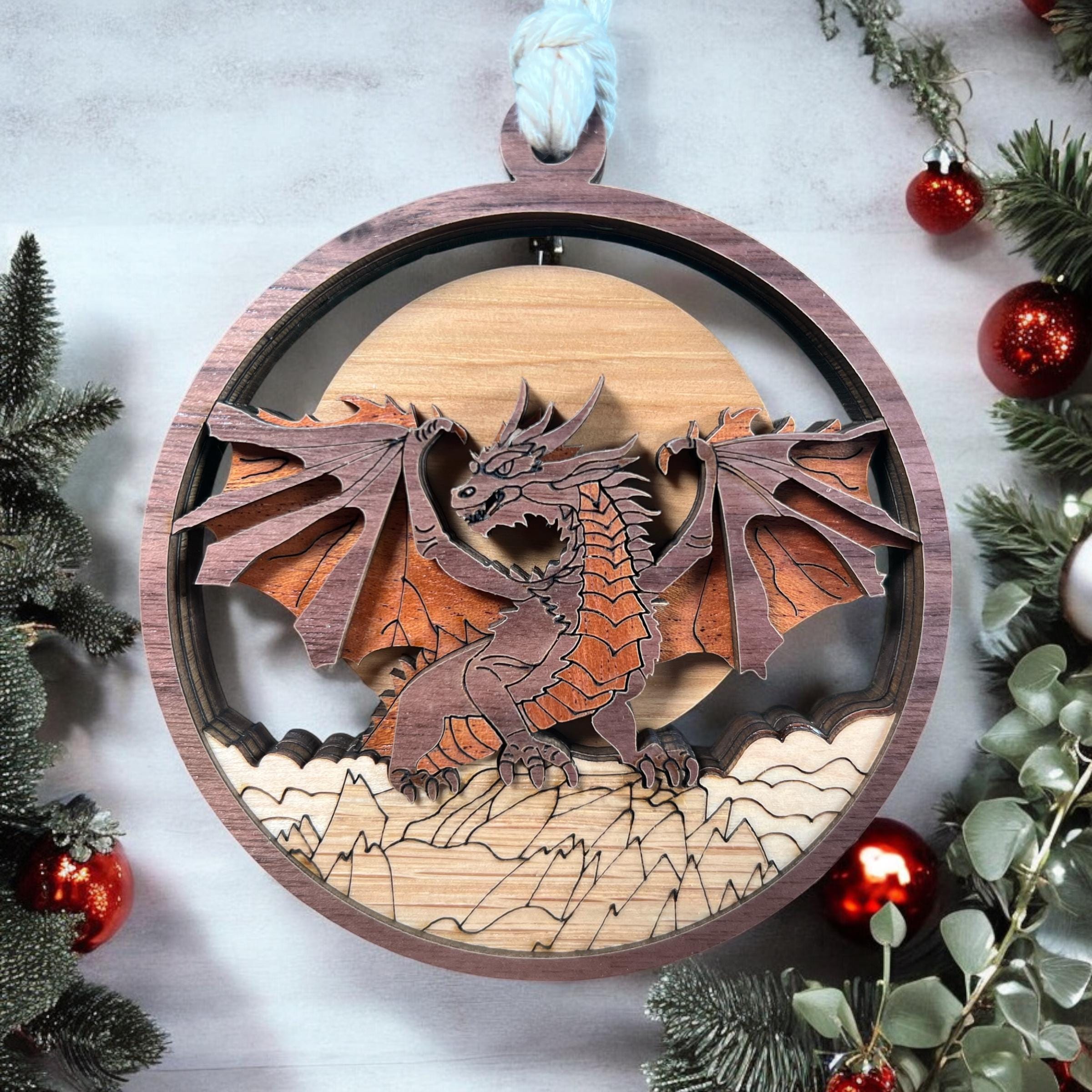 Laser-Cut Wooden Dragon Ornament – Layered Fantasy Christmas Décor for Dragon Lovers