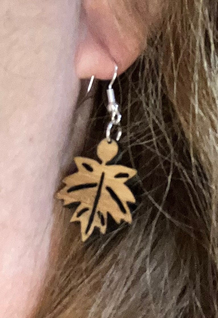 Laser-Cut Wooden Fall Leaf Dangle Earrings: Boho Autumn Jewelry