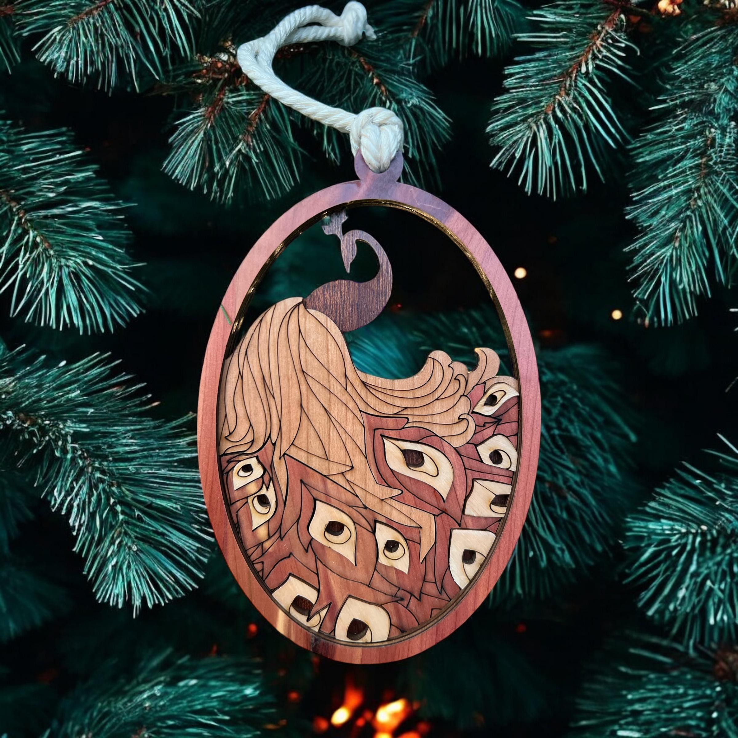 Close-up of layered wood peacock feathers ornament