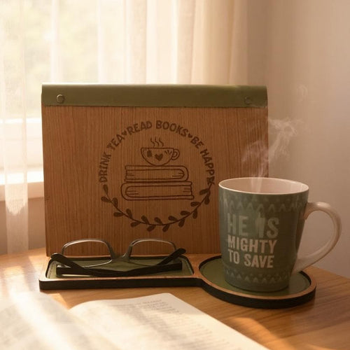 Cherry wood engraved book valet with tea mug and glasses on tray