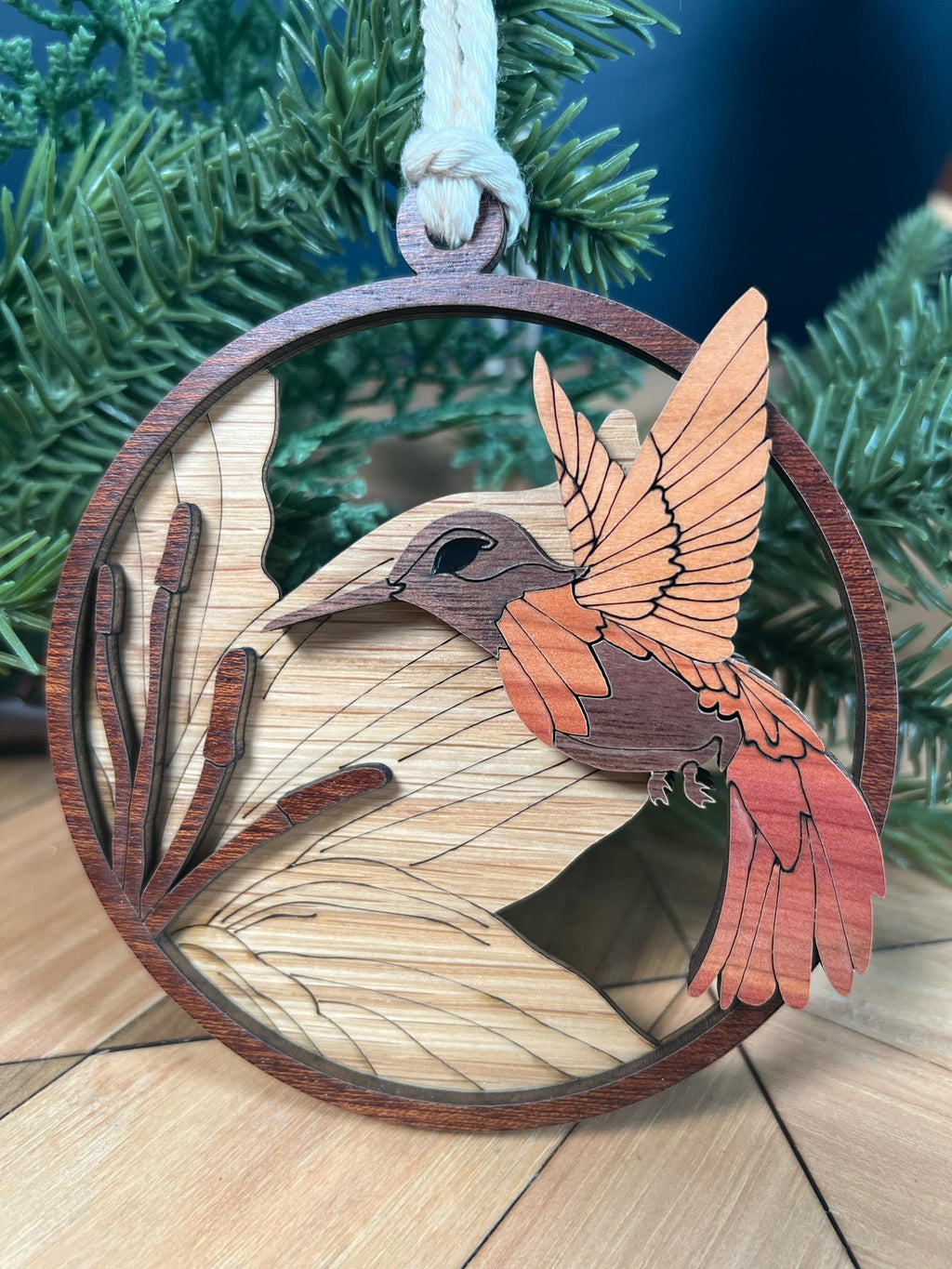 Laser-Cut Wooden Hummingbird Ornament – Layered Nature-Inspired Christmas Decoration
