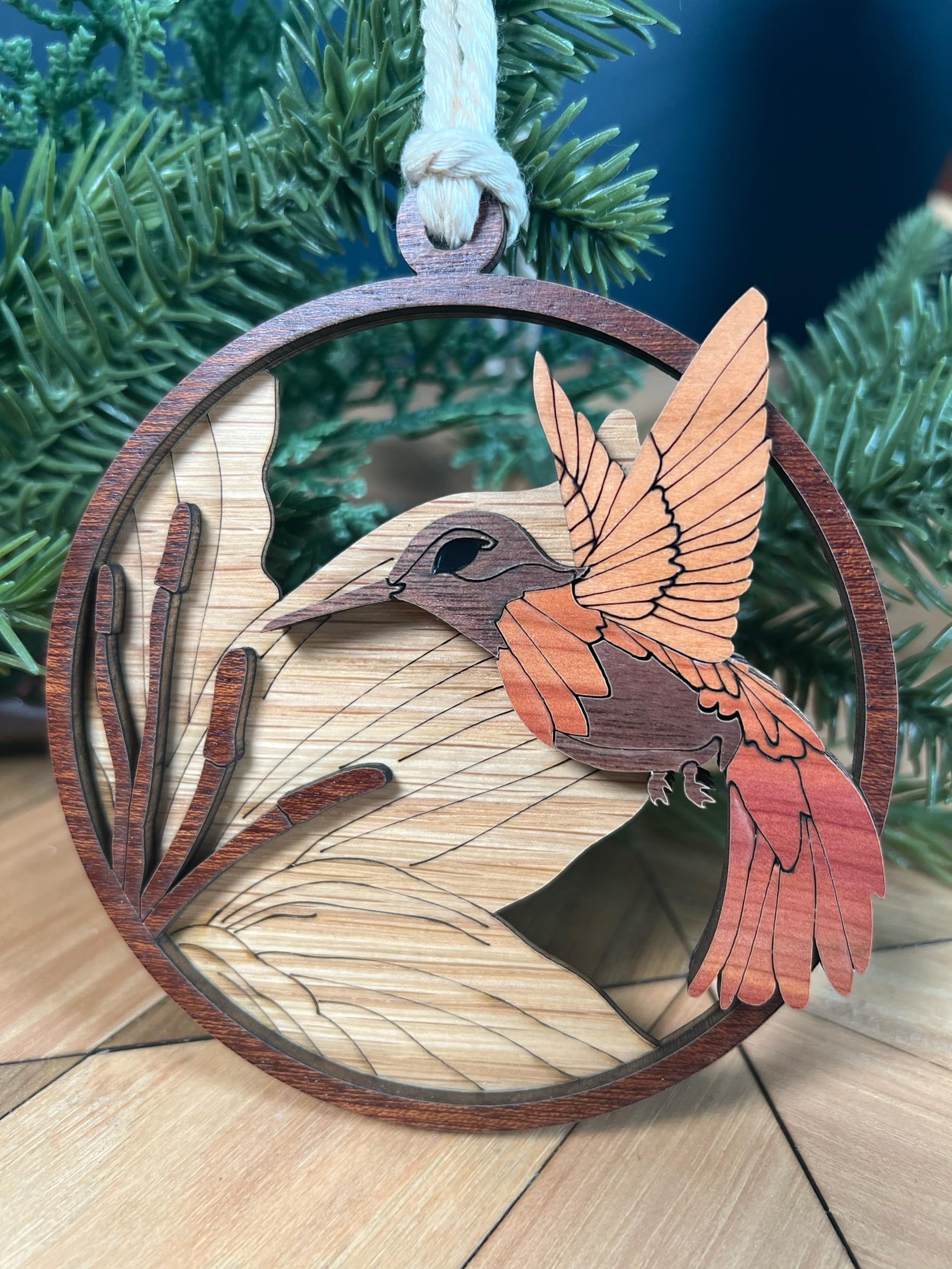 Laser-Cut Wooden Hummingbird Ornament – Layered Nature-Inspired Christmas Decoration
