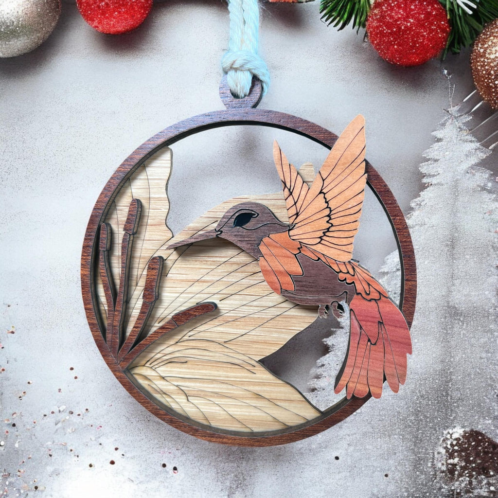 Rustic wooden nature ornament with flying hummingbird cutout