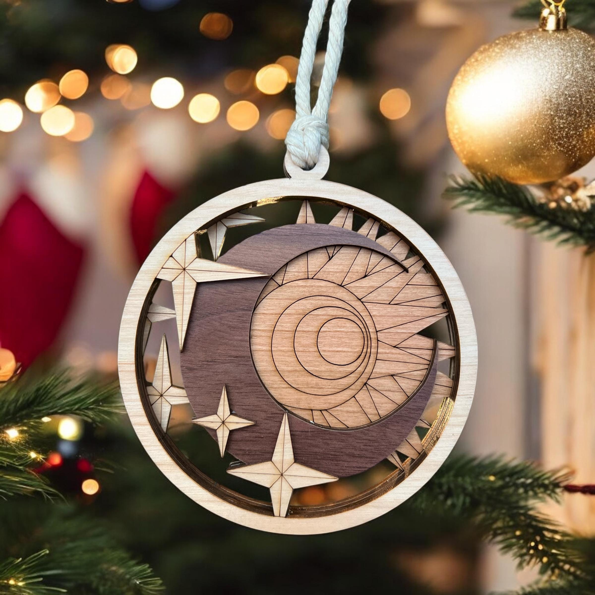 Handcrafted celestial wood wall art with moon and sun design