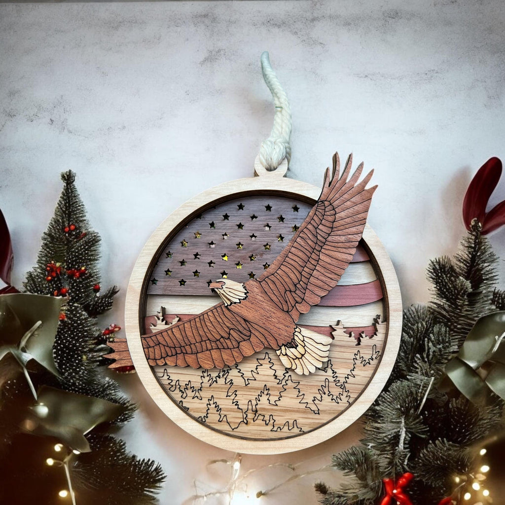 Handmade 3D wooden eagle ornament with stars and stripes