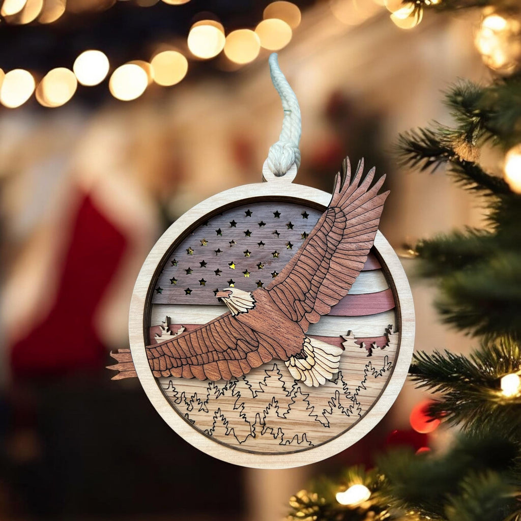 Wooden ornament with eagle design on a Christmas tree