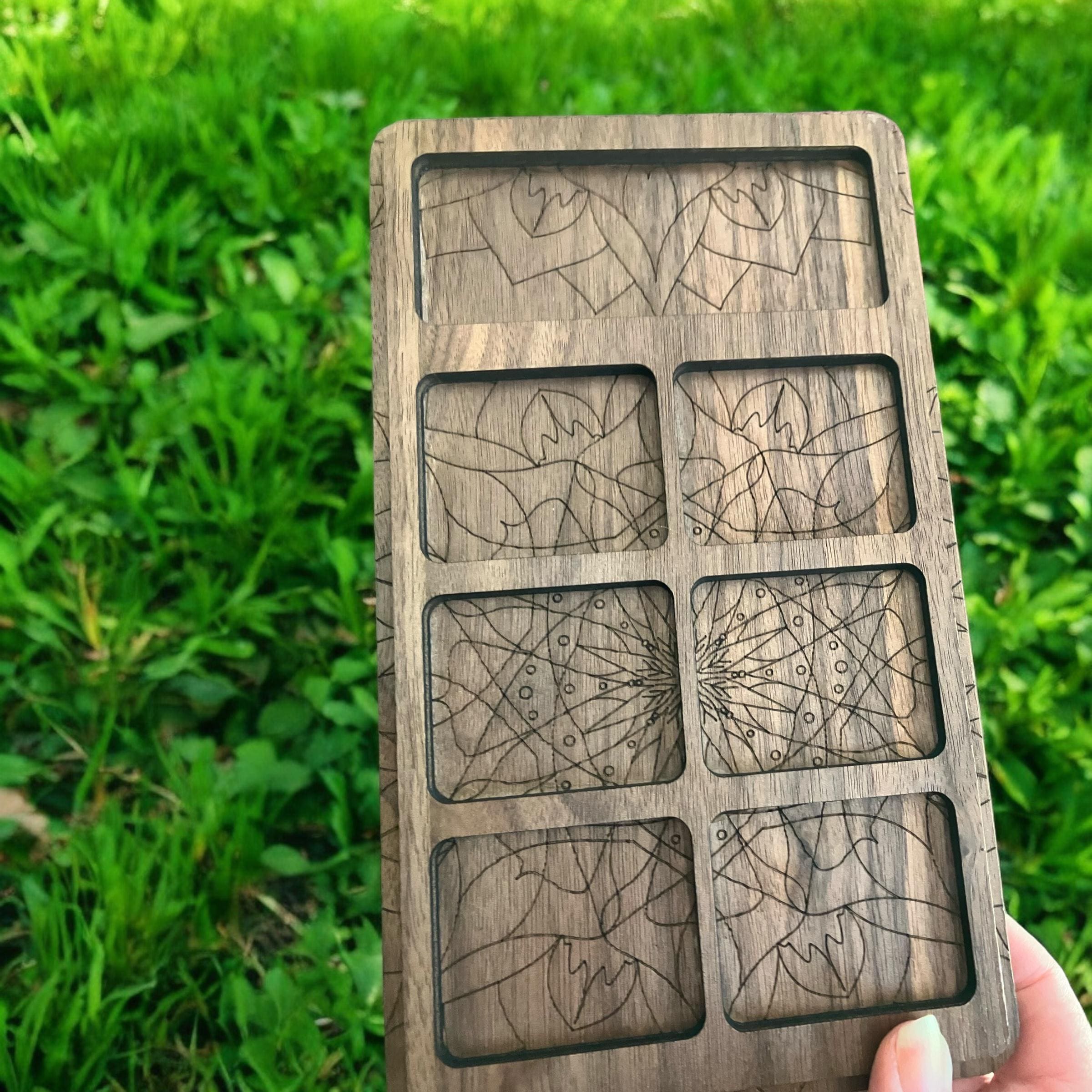 Folding wooden Mancala board with ocean glass playing pieces