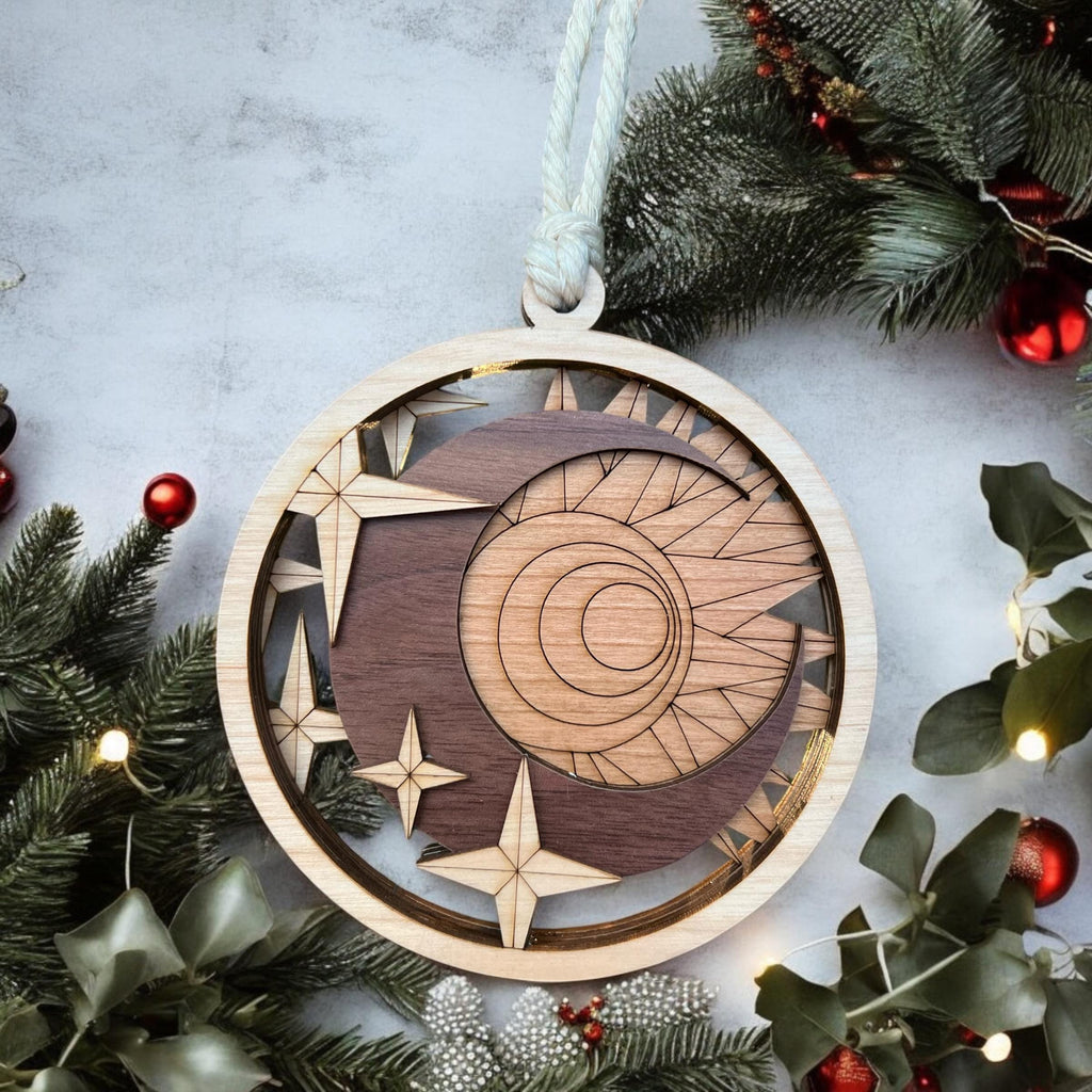 Boho style wooden ornament featuring moon and star layers