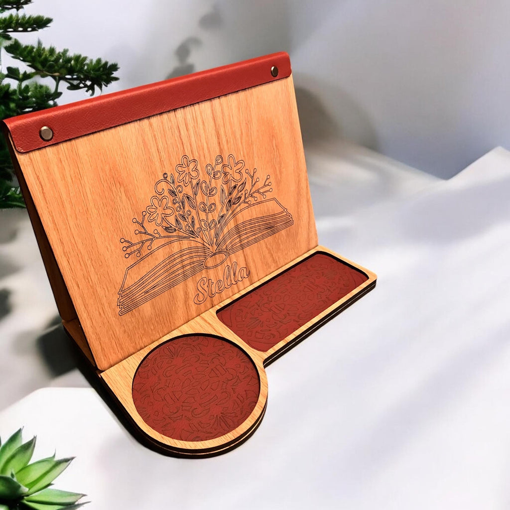 Handmade Personalized Book Stand engraved on Oak with leatherette accent