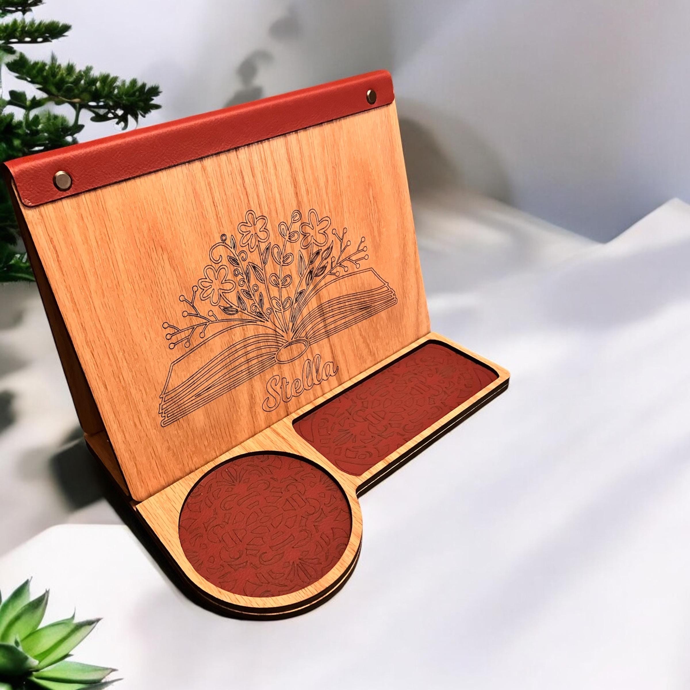 Handmade Personalized Book Stand engraved on Oak with leatherette accent
