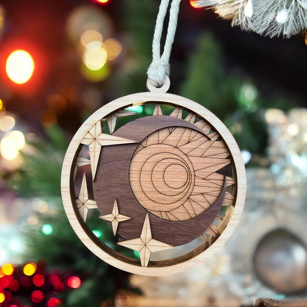 Wooden ornament with celestial design on a Christmas tree