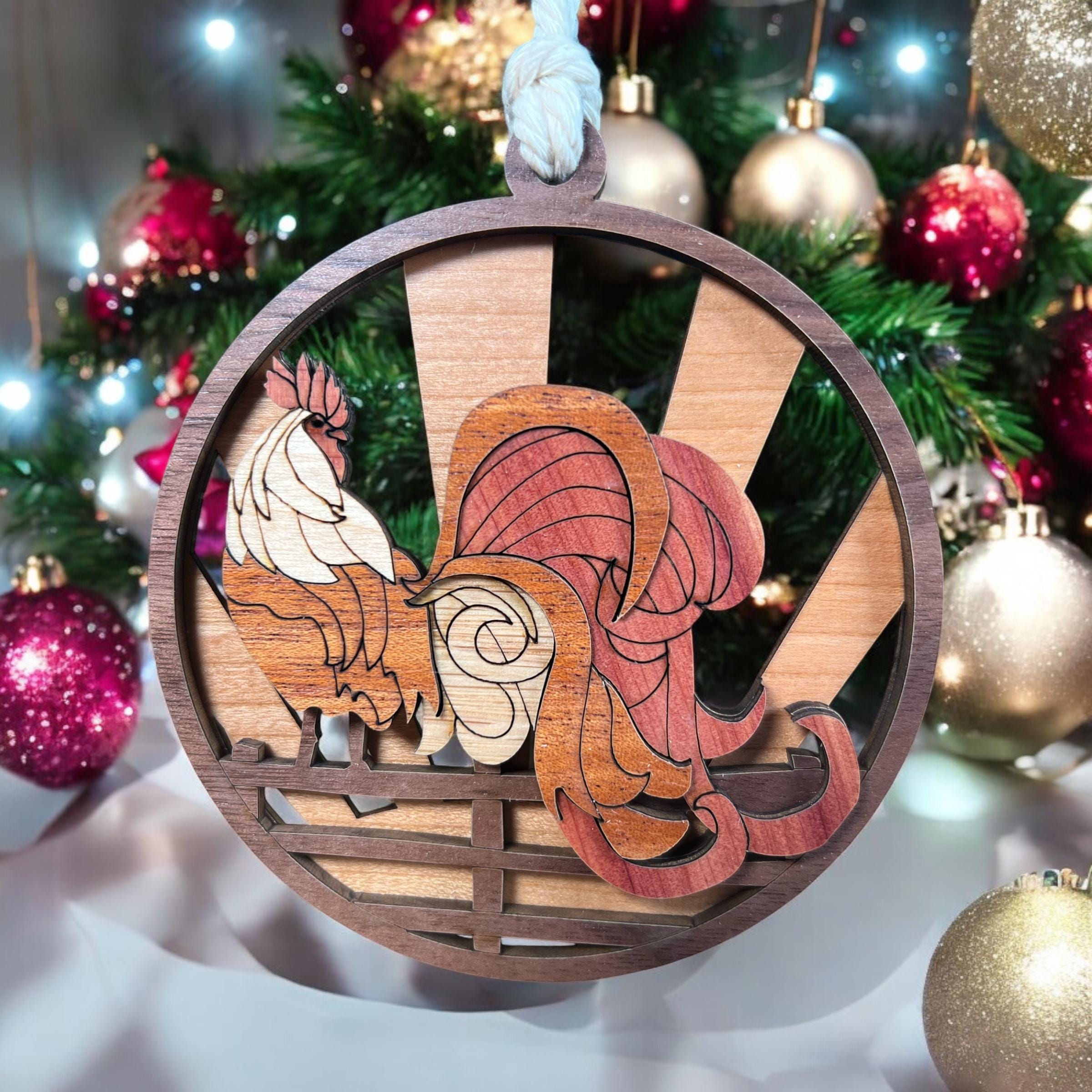 Wooden rooster sunrise ornament gift for farmhouse lovers