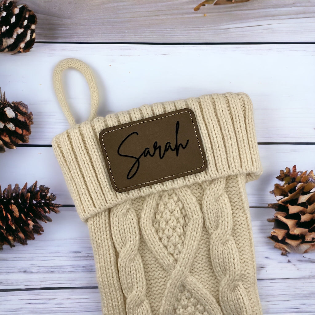 Personalized Knit Christmas Stocking: Engraved Leather Patch