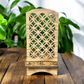 Personalized wooden phone stand with geometric lattice design