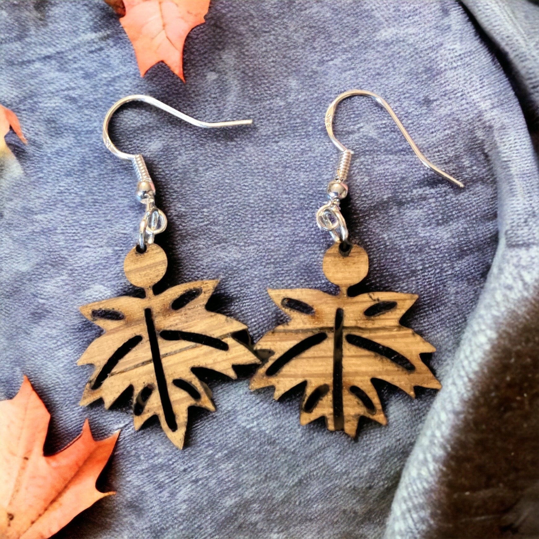 Laser-Cut Wooden Fall Leaf Dangle Earrings: Boho Autumn Jewelry