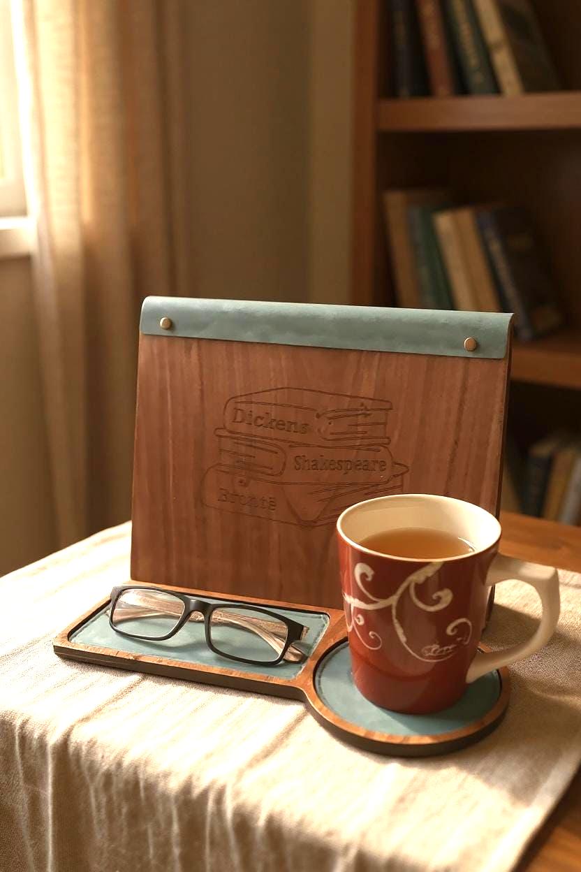 Wooden tray with a mug of tea, glasses, and a book on a table.