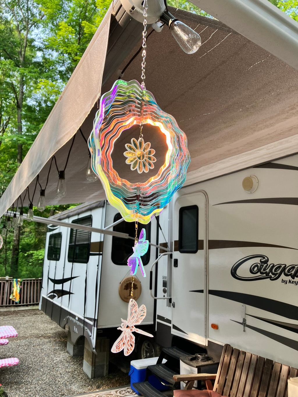 Iridescent Dragonfly Wind Spinner: Hanging Garden Decoration - Stitches and Wood