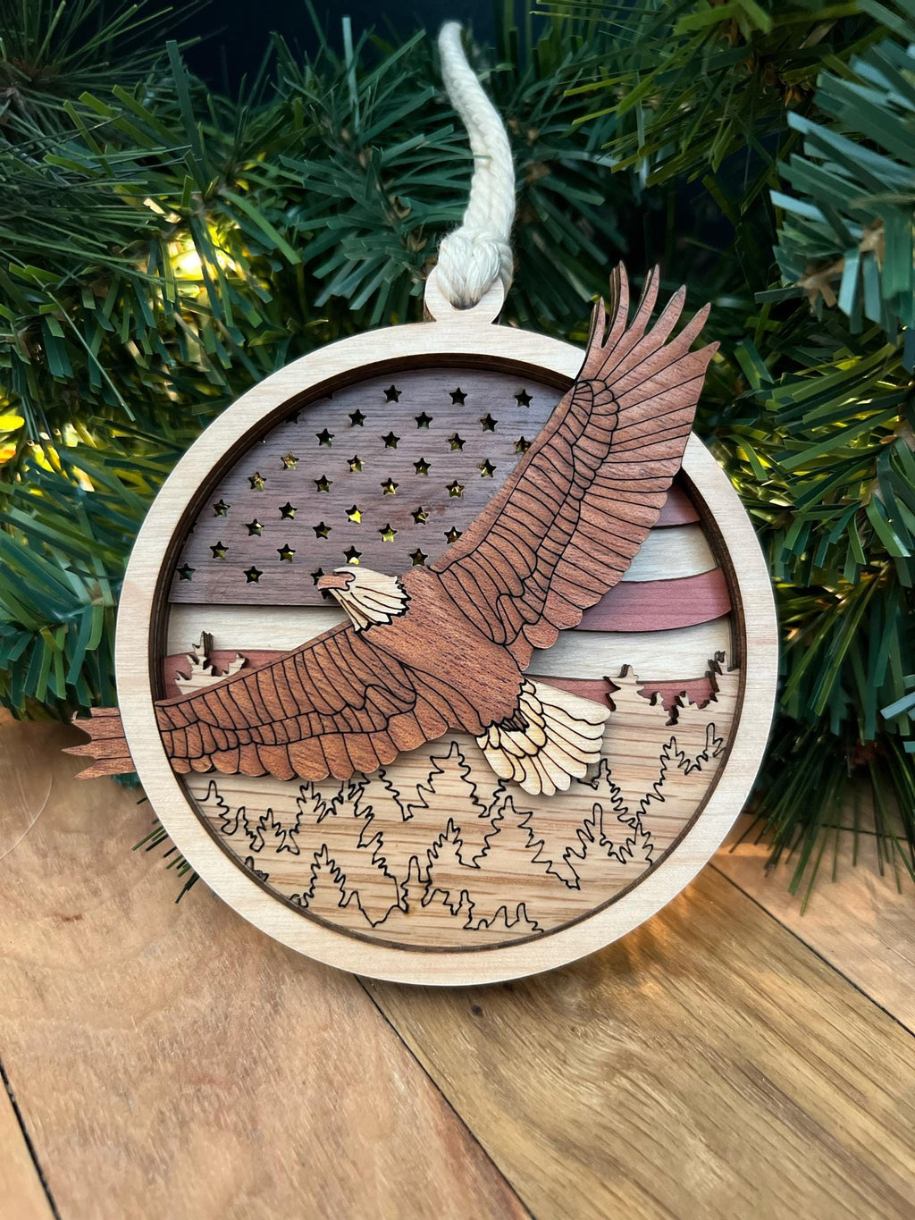 Handmade 3D wooden eagle ornament with stars and stripes