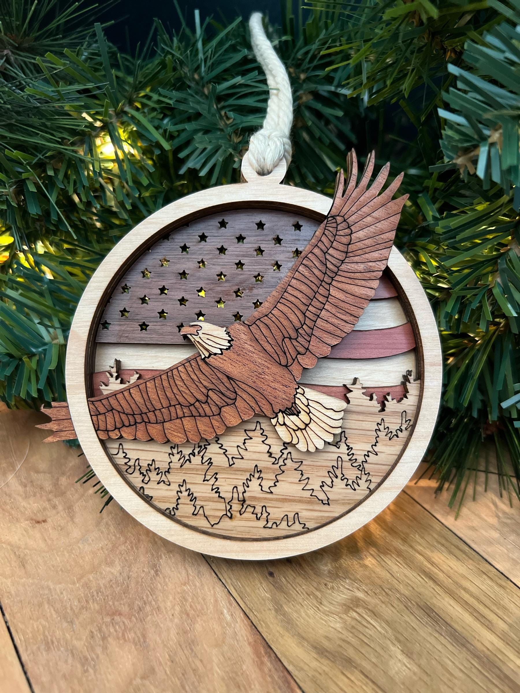 Handmade 3D wooden eagle ornament with stars and stripes