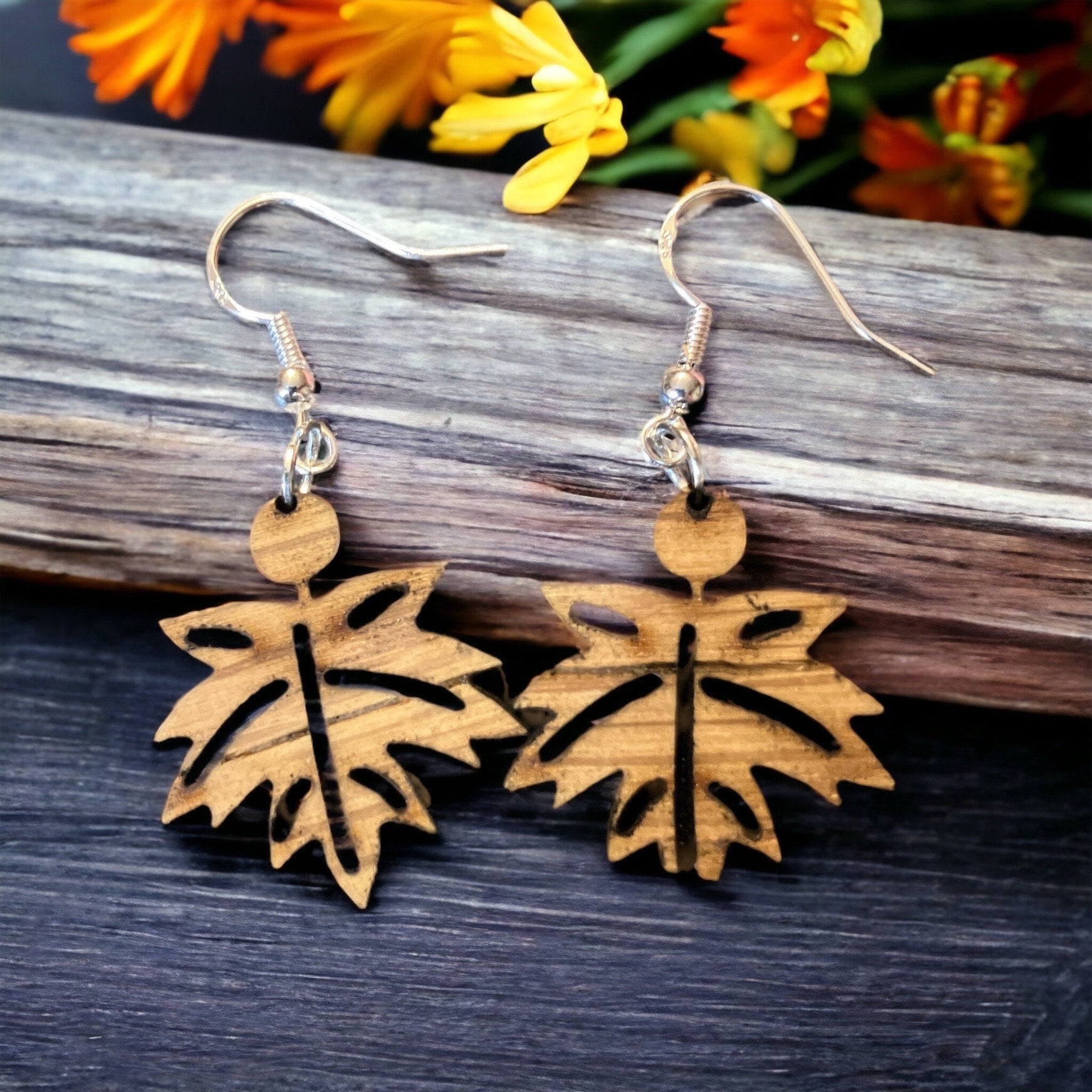 Laser-Cut Wooden Fall Leaf Dangle Earrings: Boho Autumn Jewelry