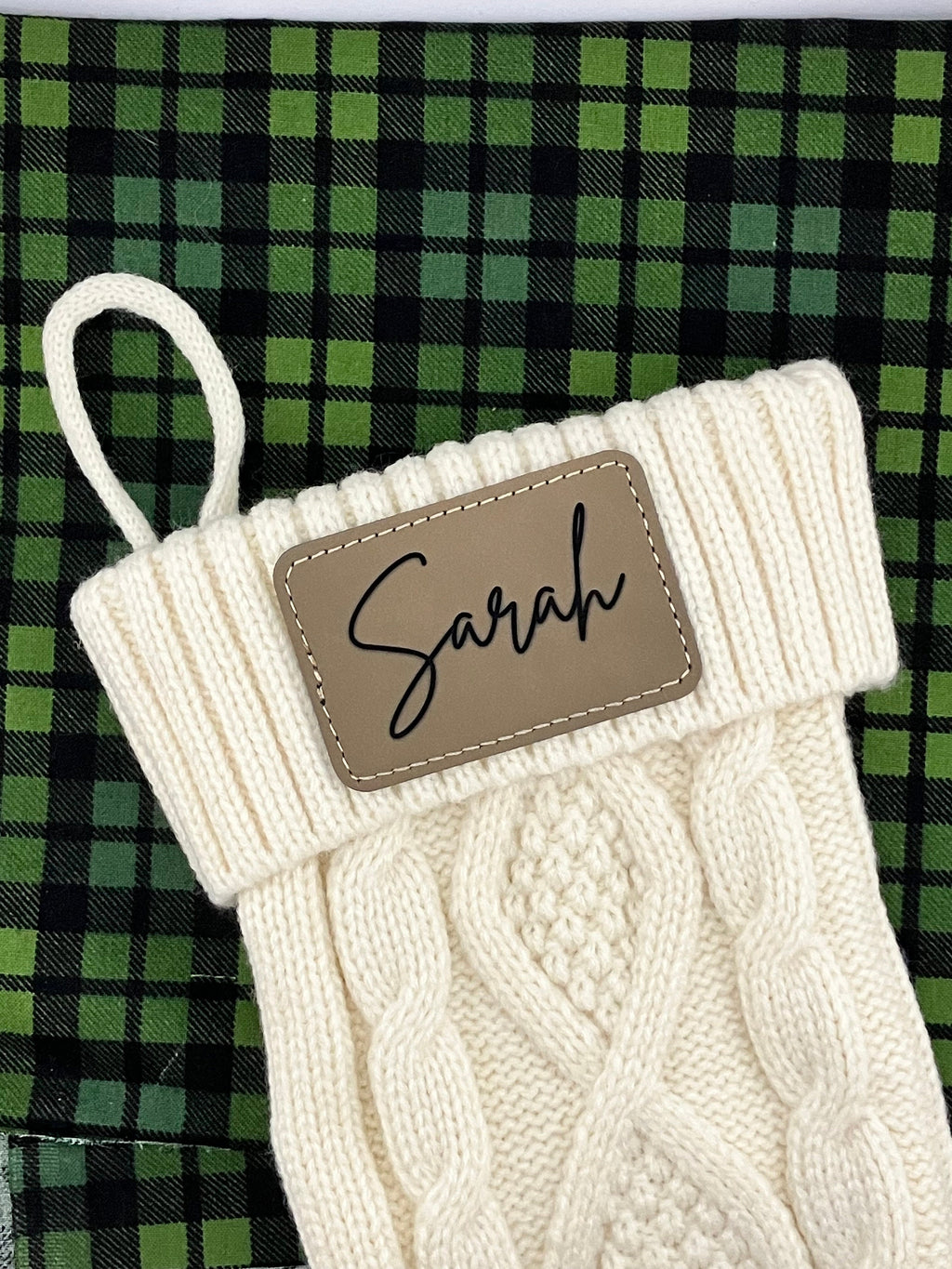 Personalized Knit Christmas Stocking: Engraved Leather Patch