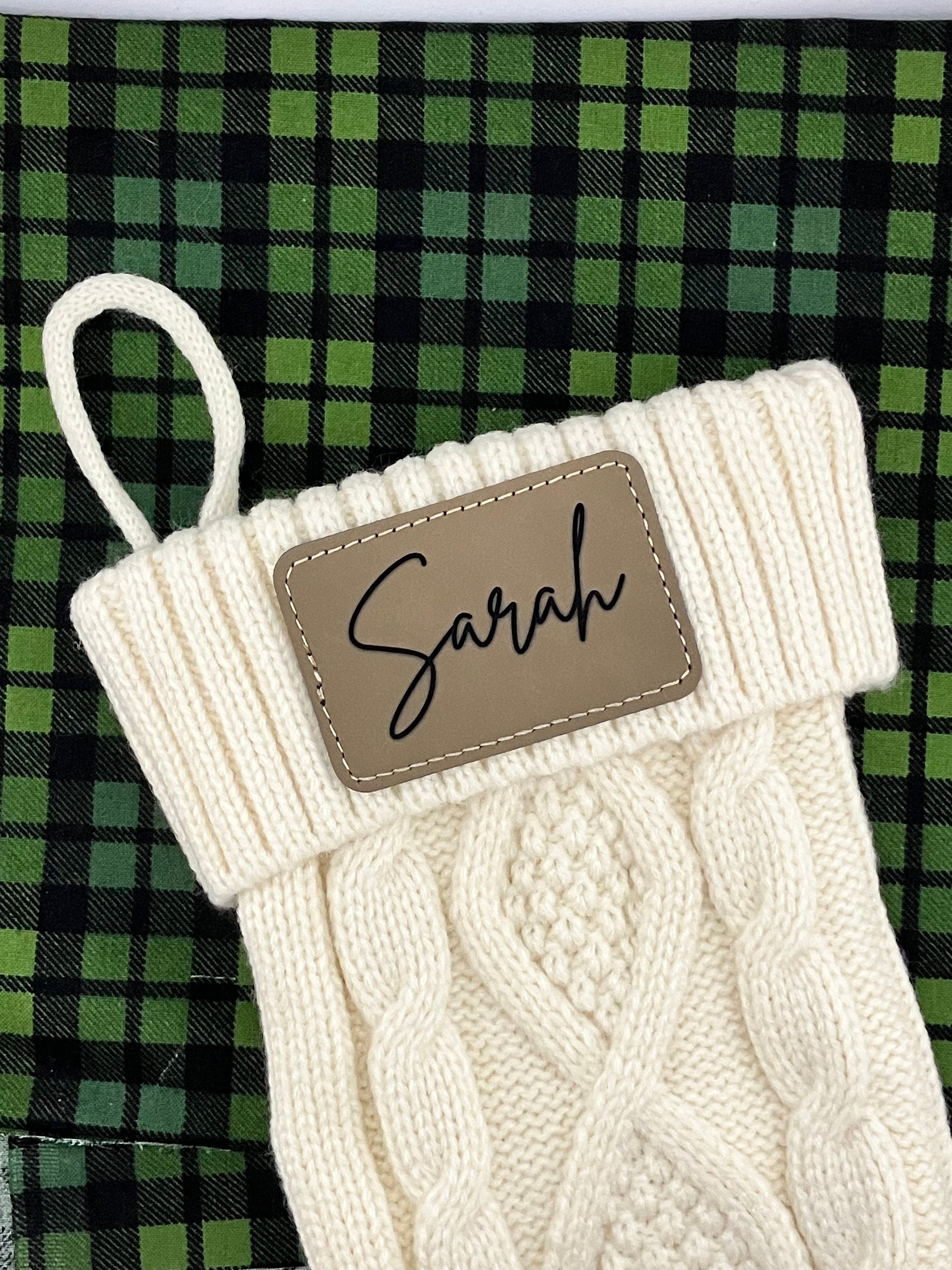 Personalized Knit Christmas Stocking: Engraved Leather Patch