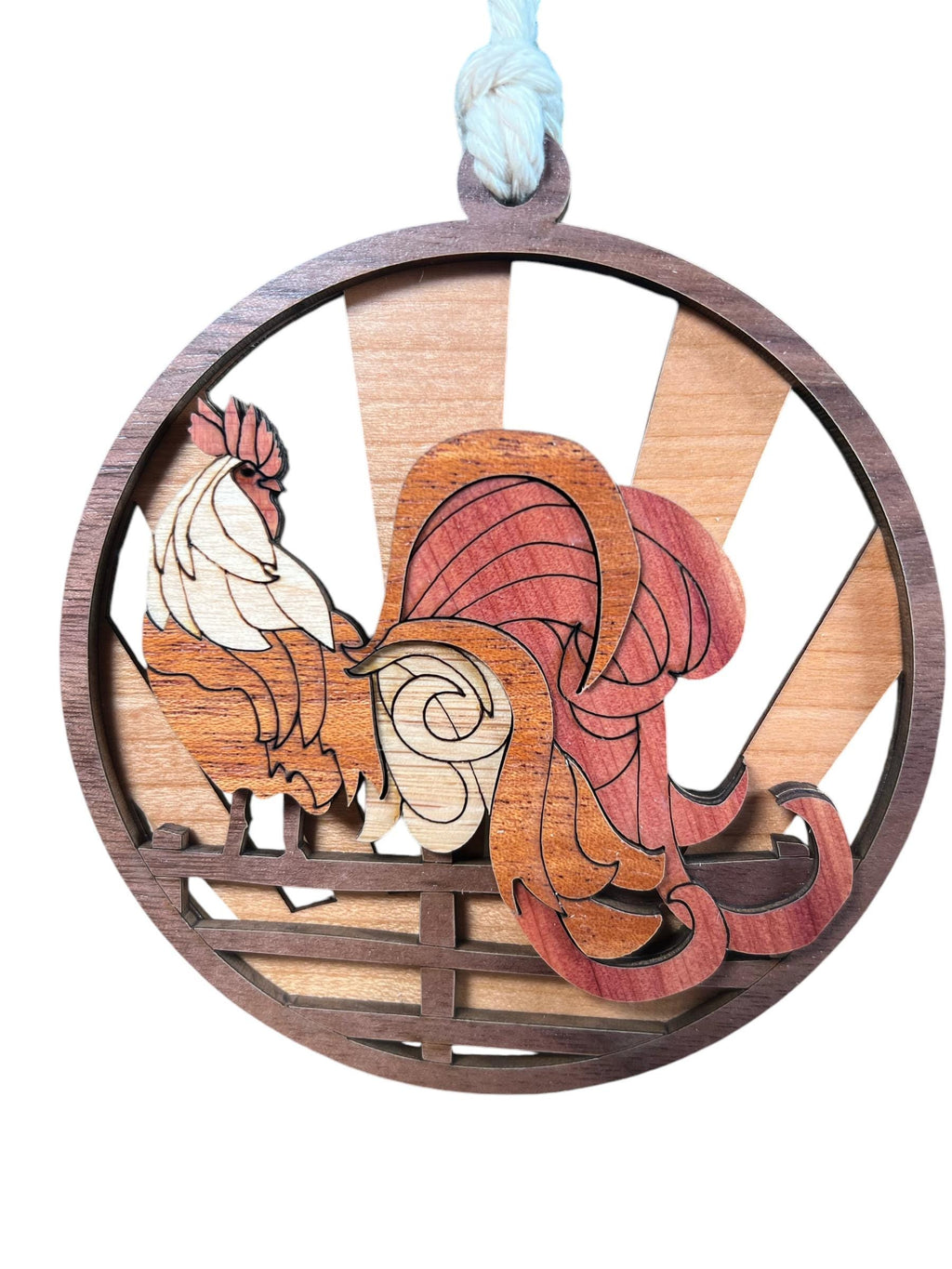 Handmade farmhouse rooster ornament close-up