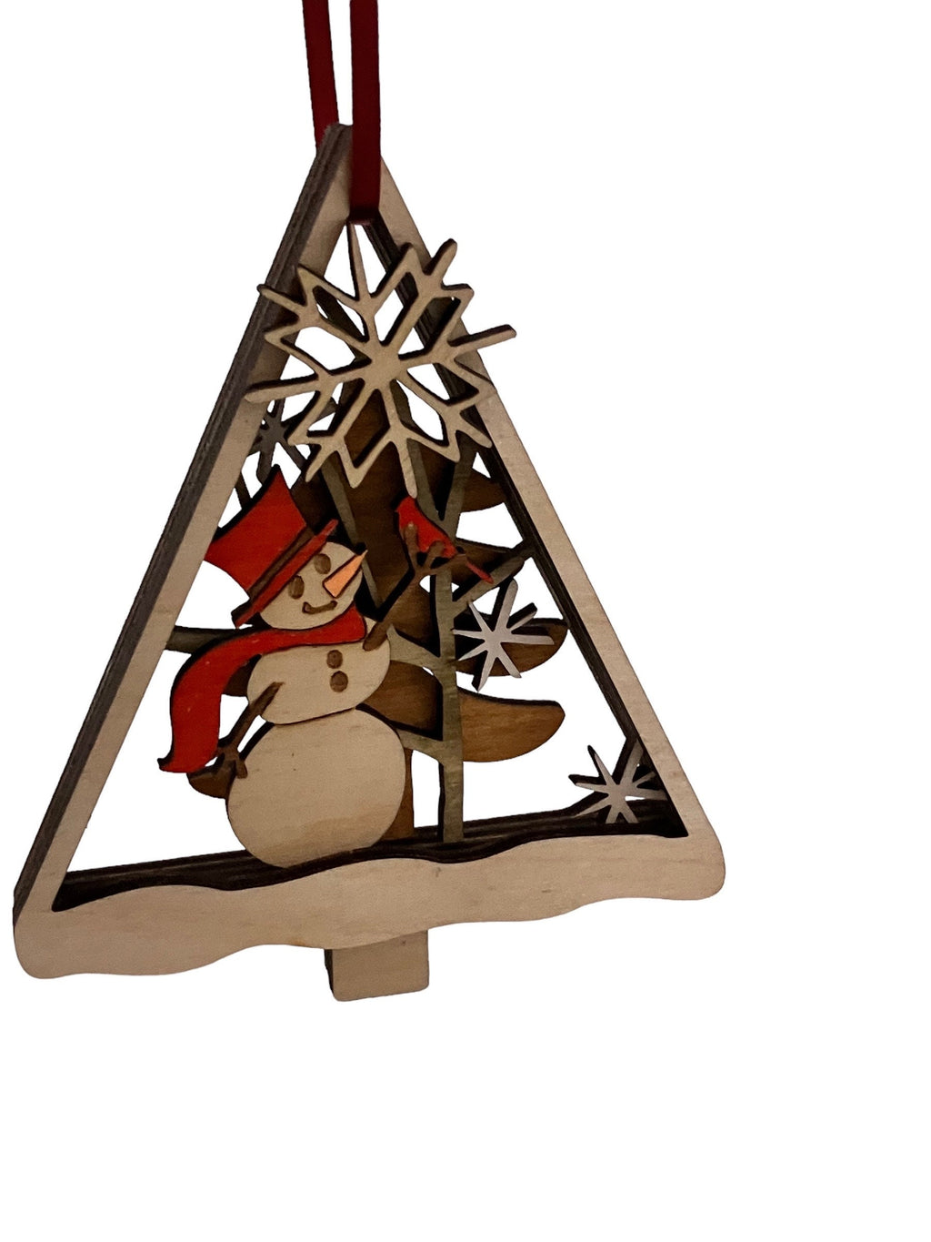 Wooden Christmas ornament with a snowman design on a white background