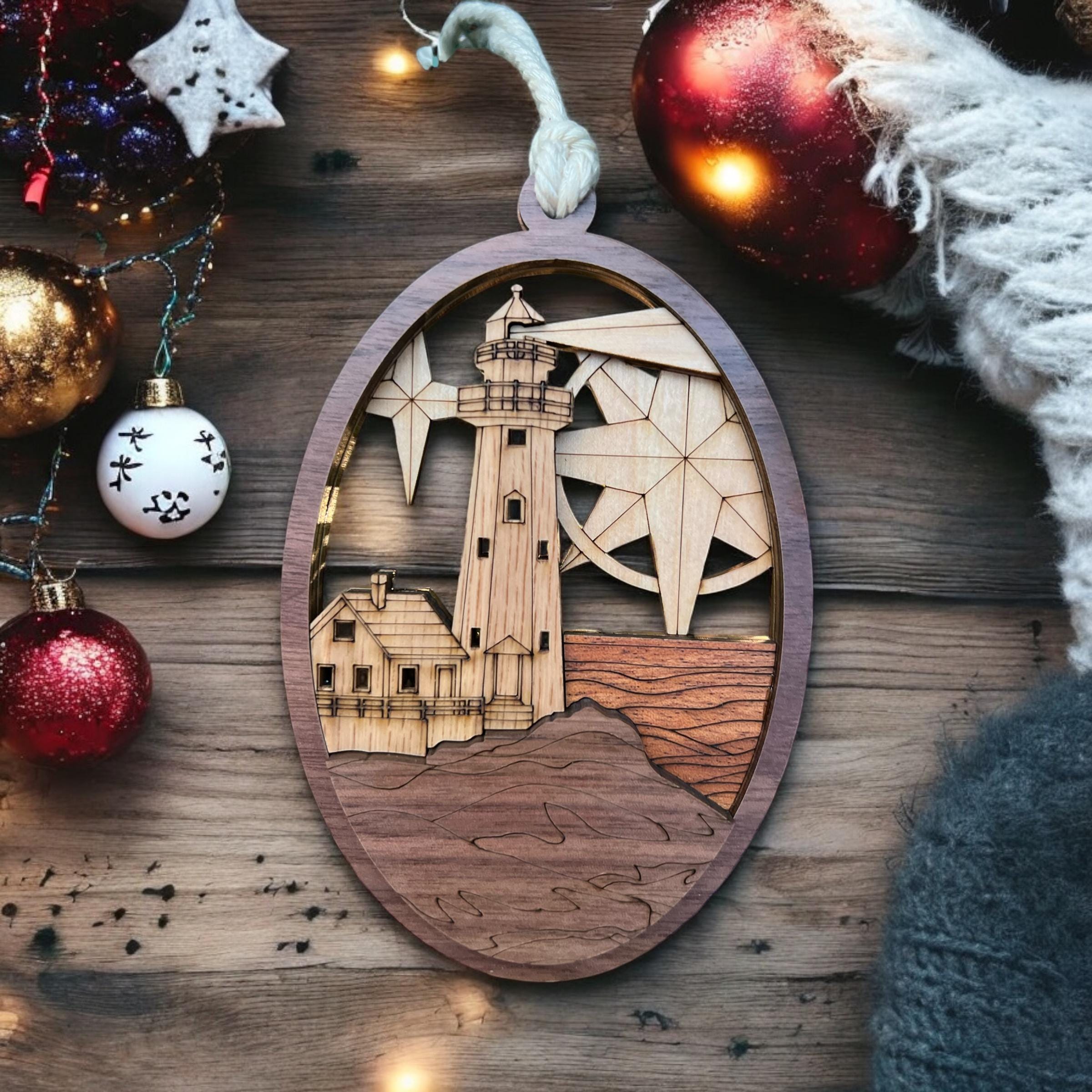 Wooden ornament with lighthouse design on a wooden surface with Christmas decorations.