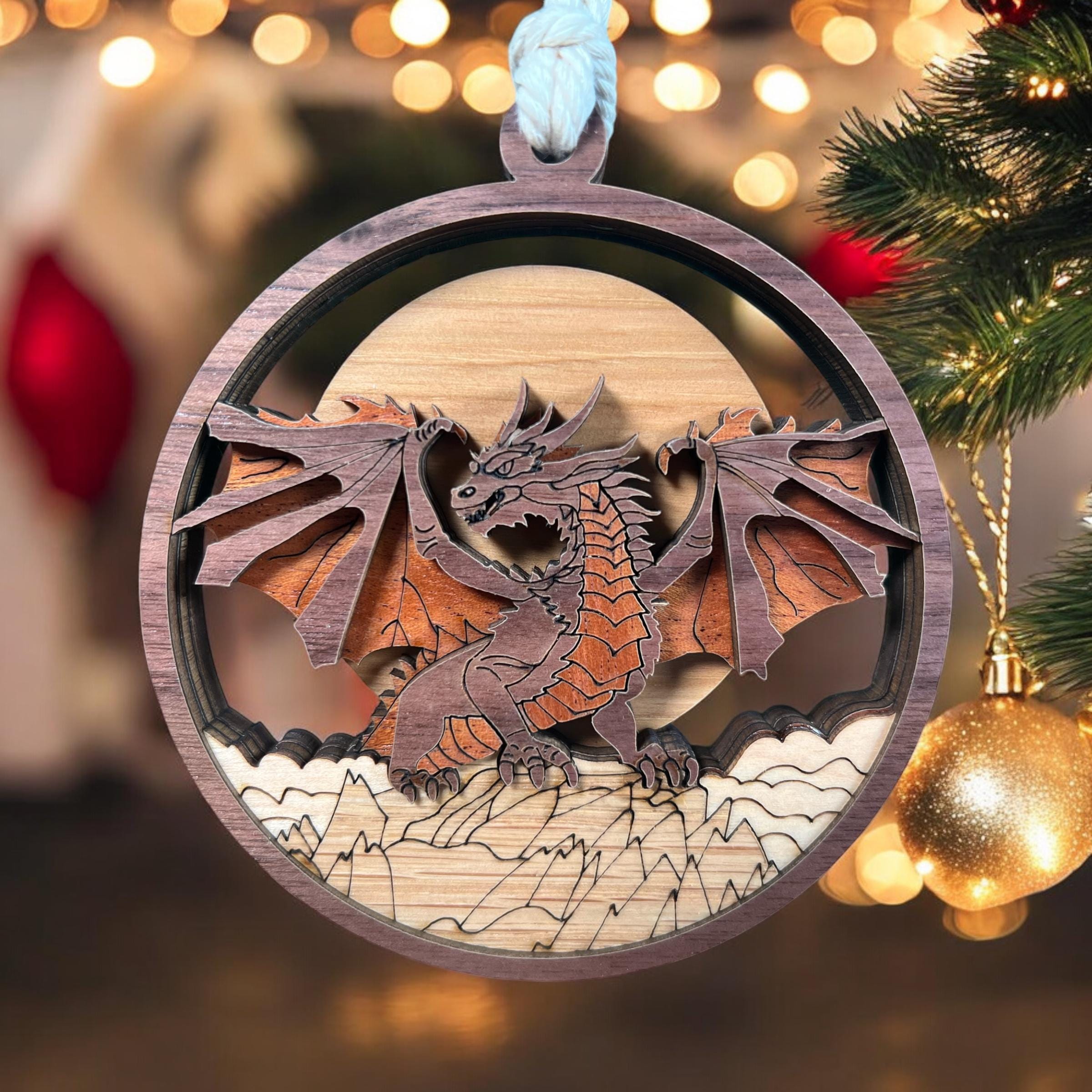 Laser-Cut Wooden Dragon Ornament – Layered Fantasy Christmas Décor for Dragon Lovers