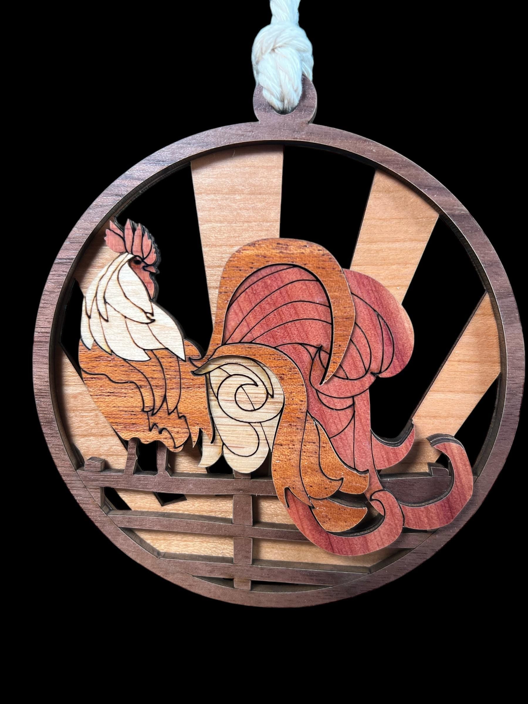 3D laser cut wood rooster Christmas decoration