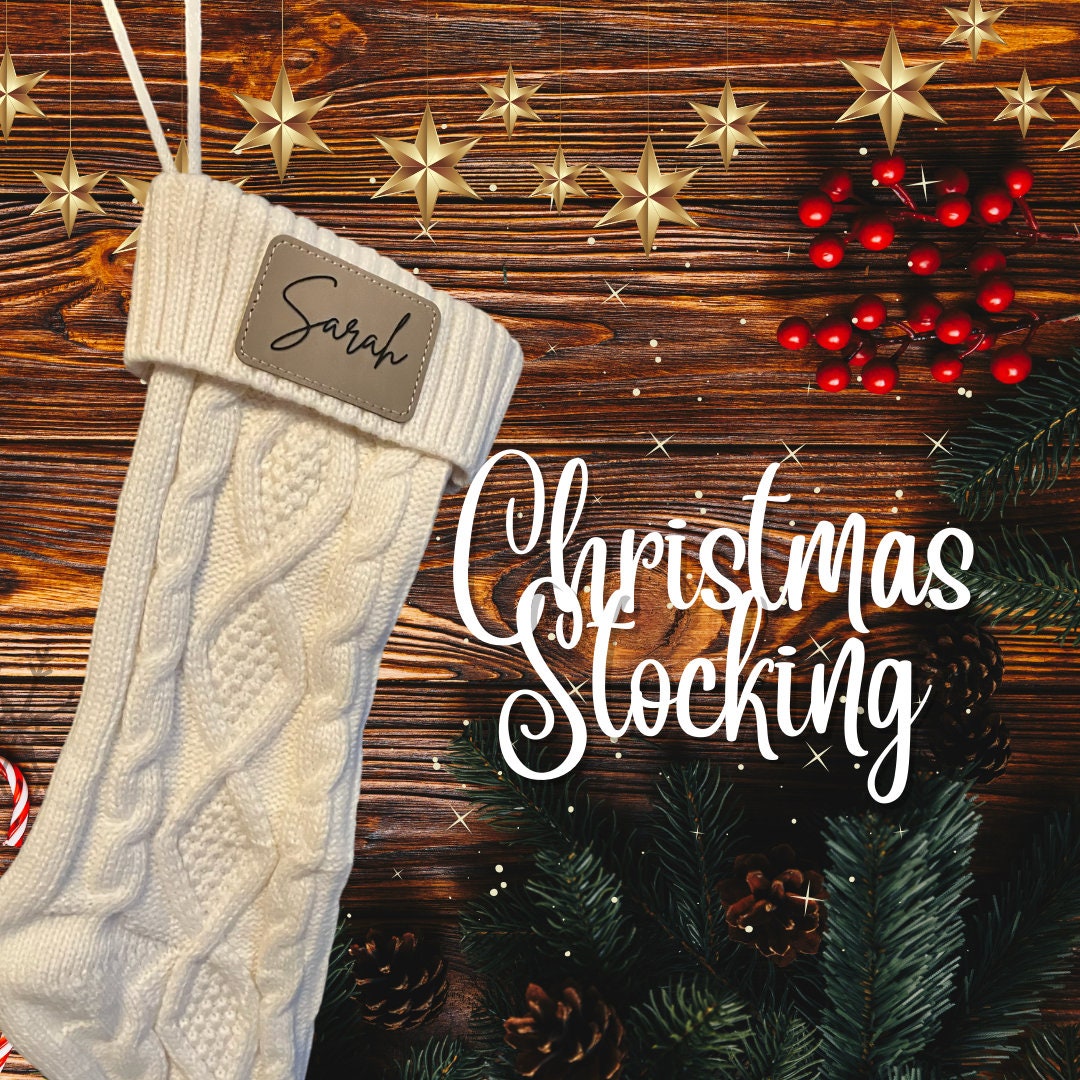 Personalized Knit Christmas Stocking: Engraved Leather Patch