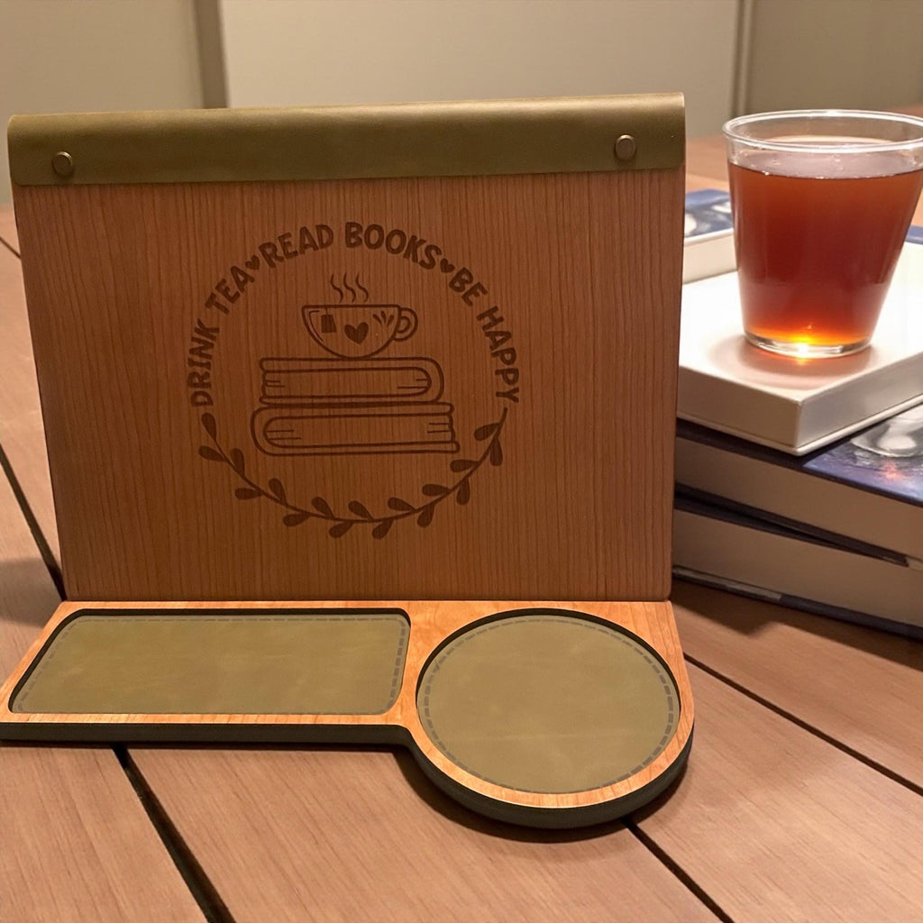 Cozy book nook setup with cherry wood book valet and steaming mug