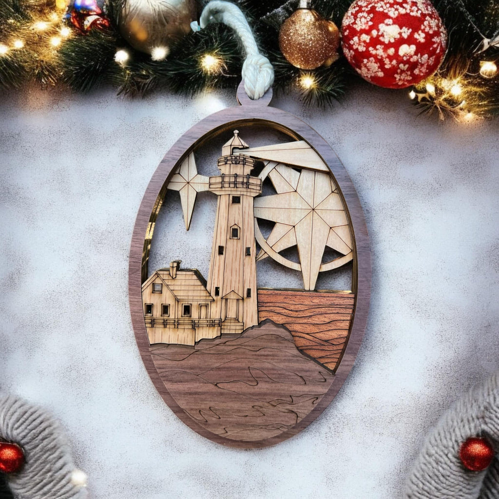 Handmade layered wood nautical ornament hanging on Christmas tree