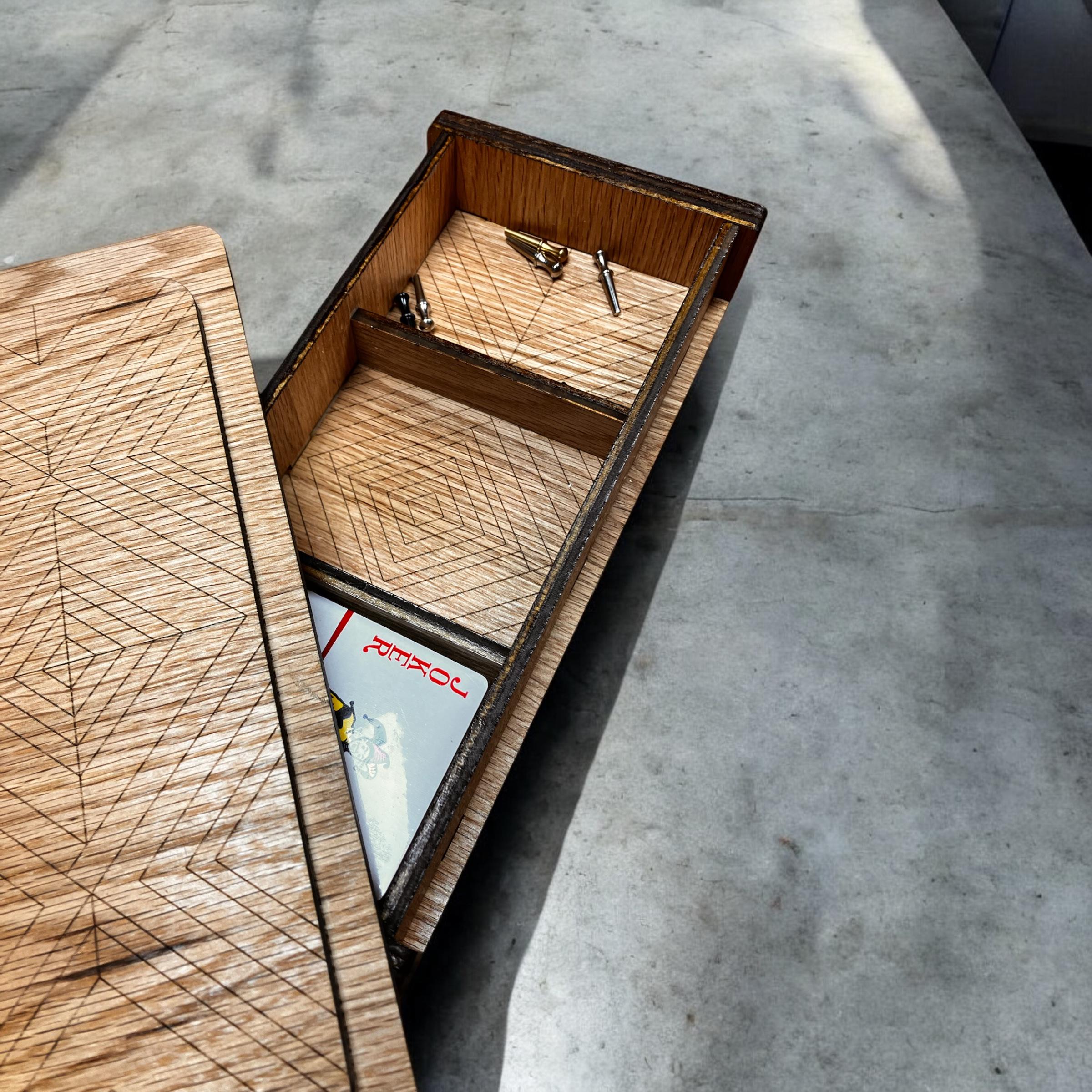 Cribbage board with built-in storage for cards and metal pegs