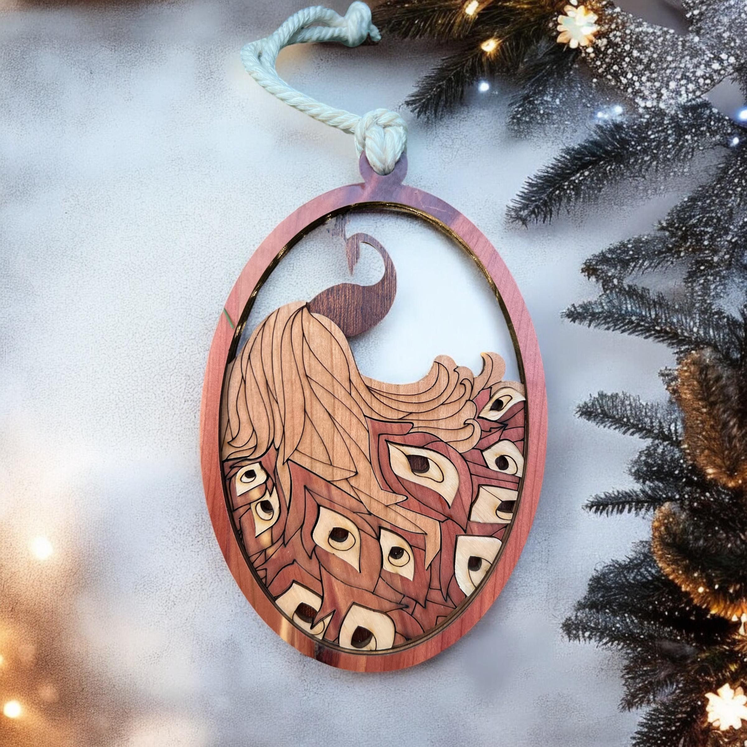 Wooden peacock decoration with intricate laser detail