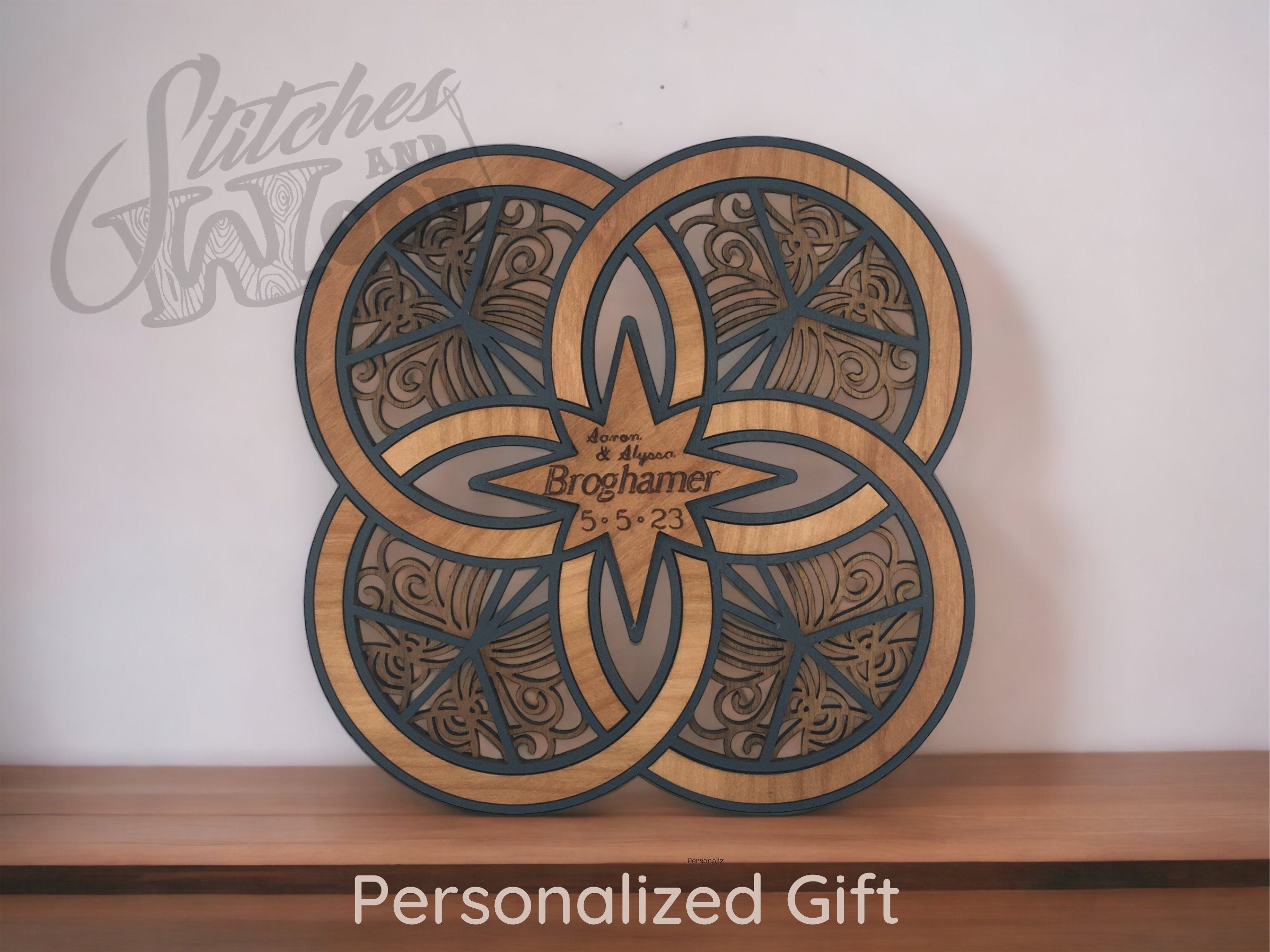 Personalized Double Wedding Ring Wall Art: Engraved Wood Newlywed Gift - Stitches and Wood