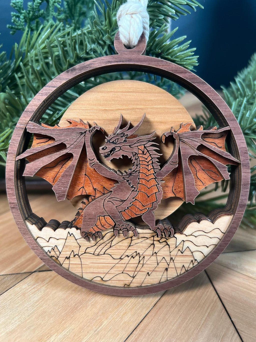 Laser-Cut Wooden Dragon Ornament – Layered Fantasy Christmas Décor for Dragon Lovers