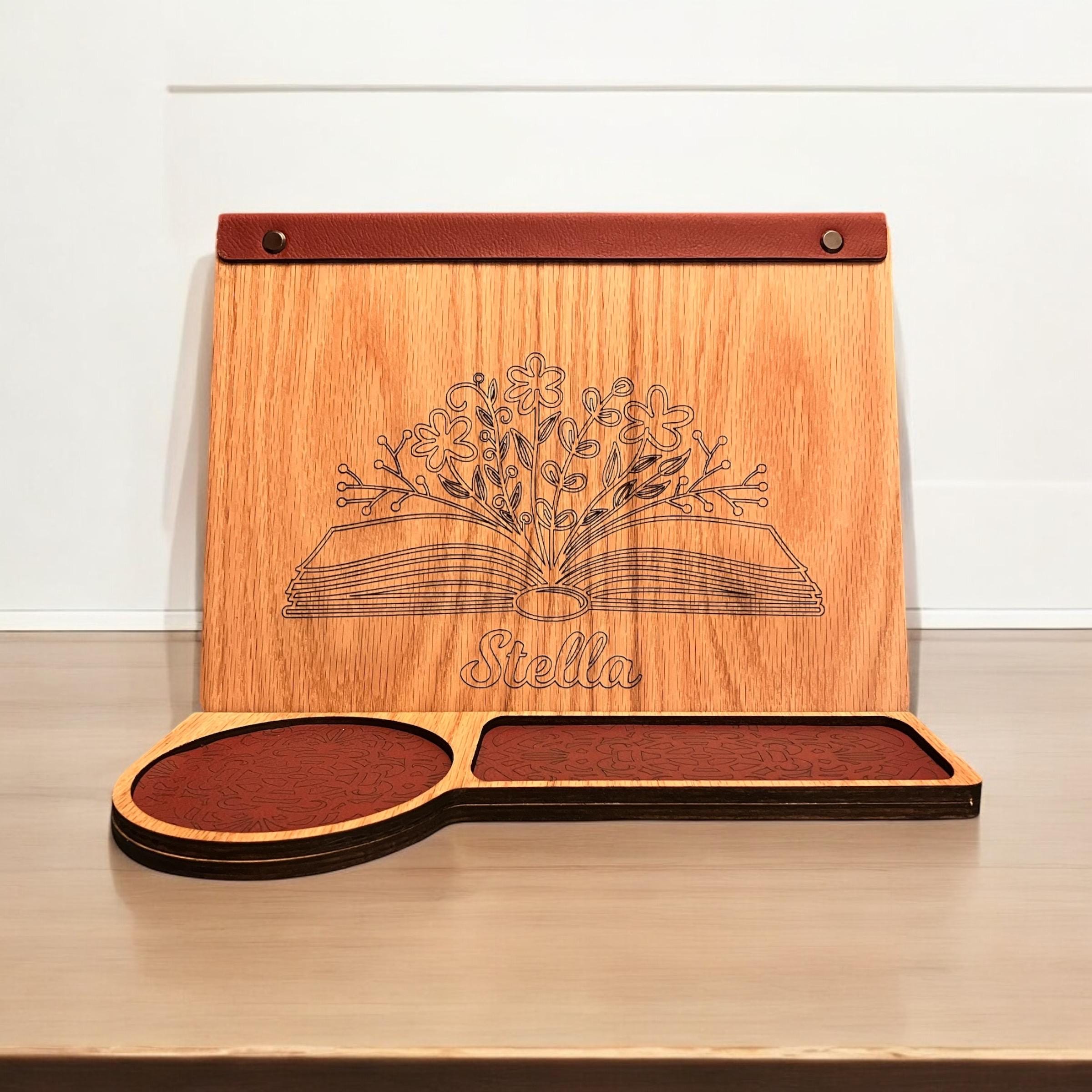 Handmade Personalized Book Stand engraved on Oak with leatherette accent