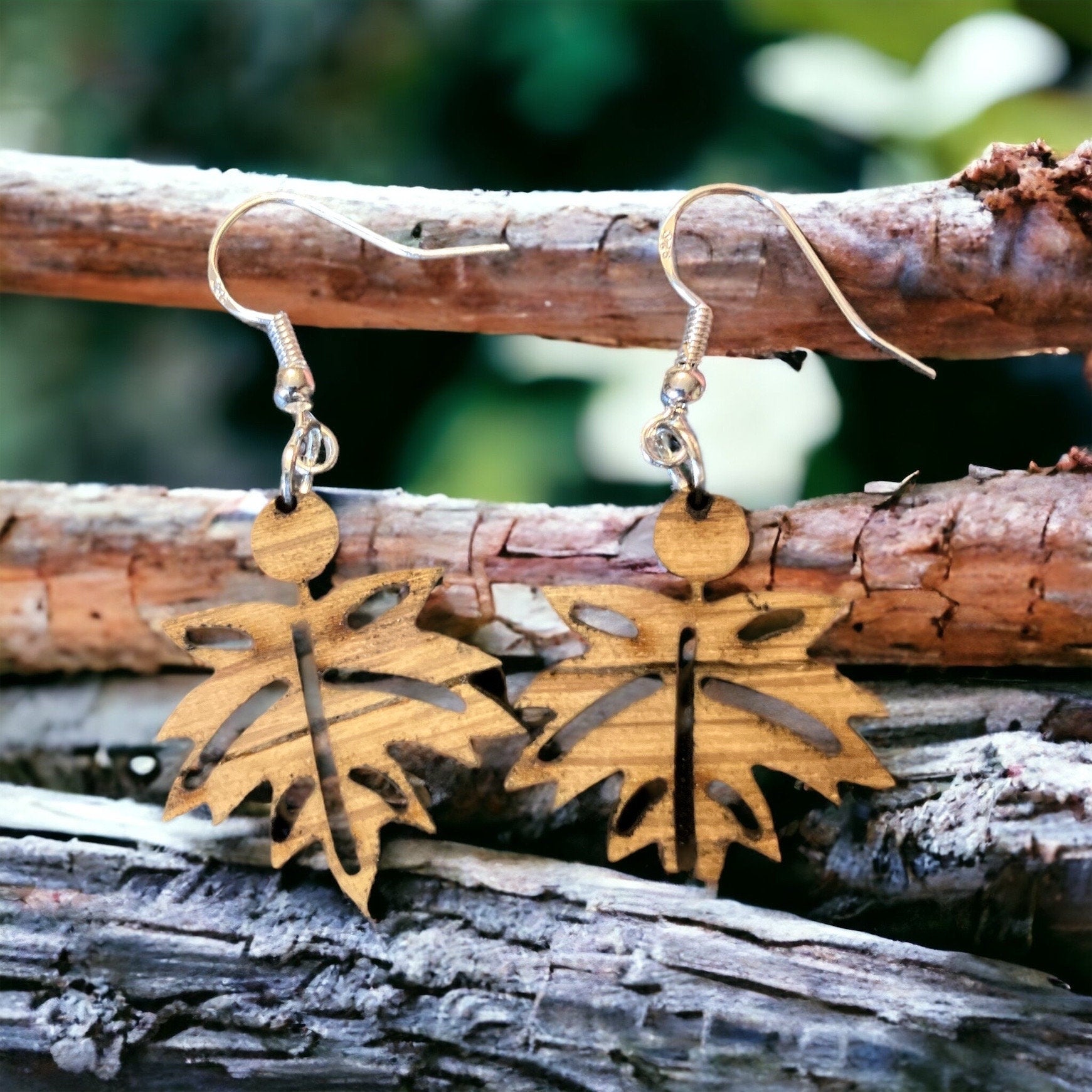 Laser-Cut Wooden Fall Leaf Dangle Earrings: Boho Autumn Jewelry