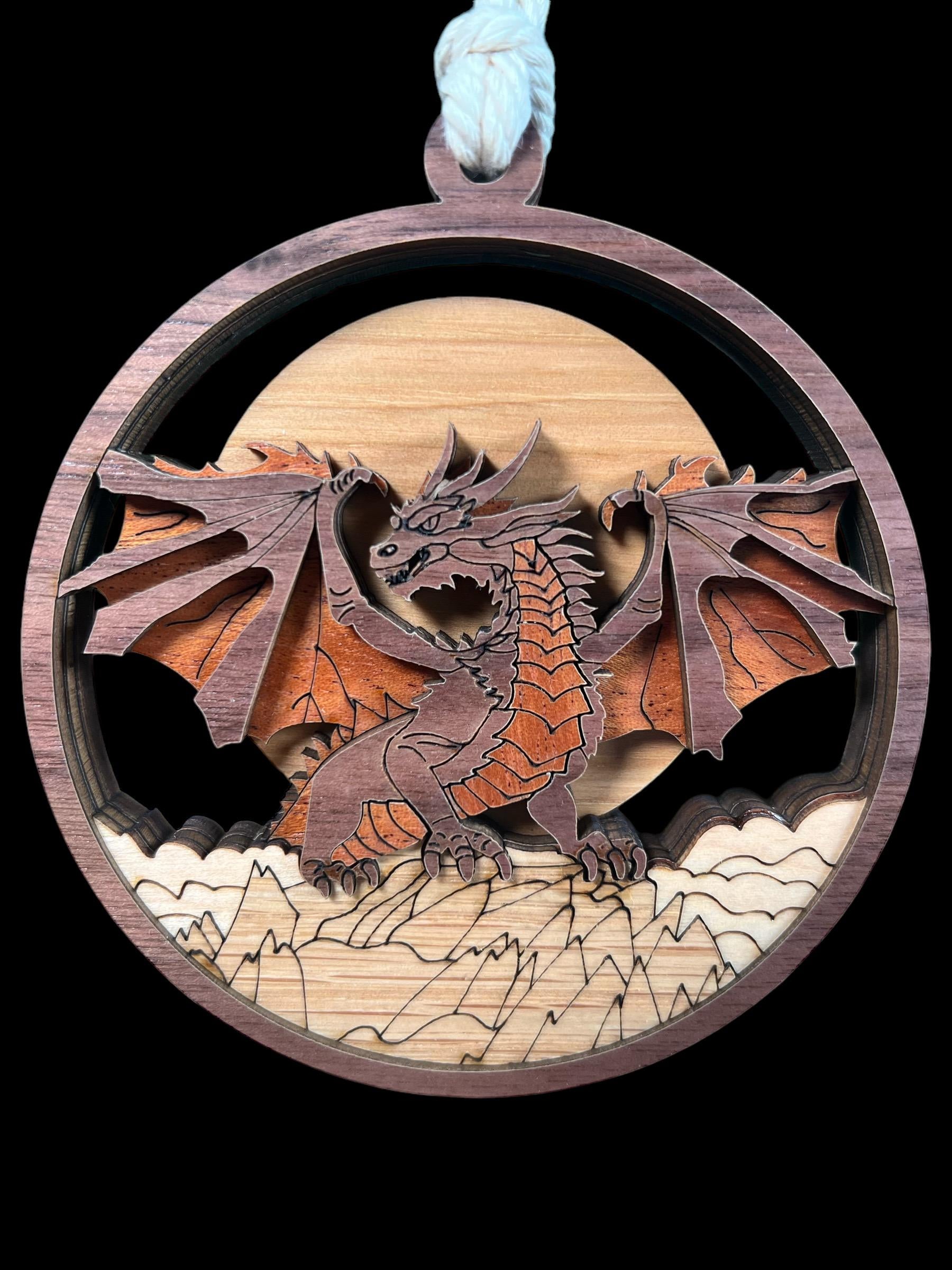 Laser-Cut Wooden Dragon Ornament – Layered Fantasy Christmas Décor for Dragon Lovers