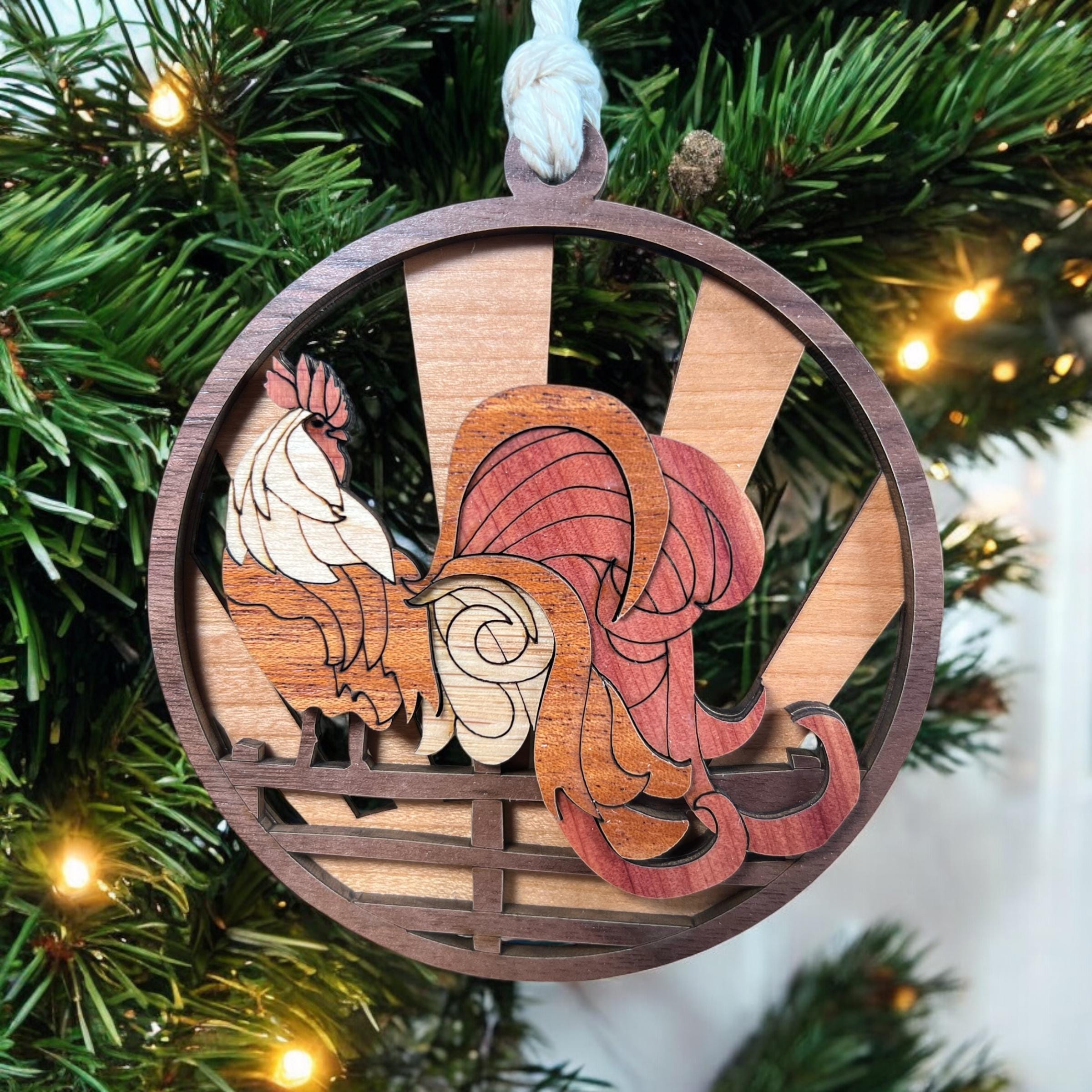 Wooden rooster sunrise ornament gift for farmhouse lovers