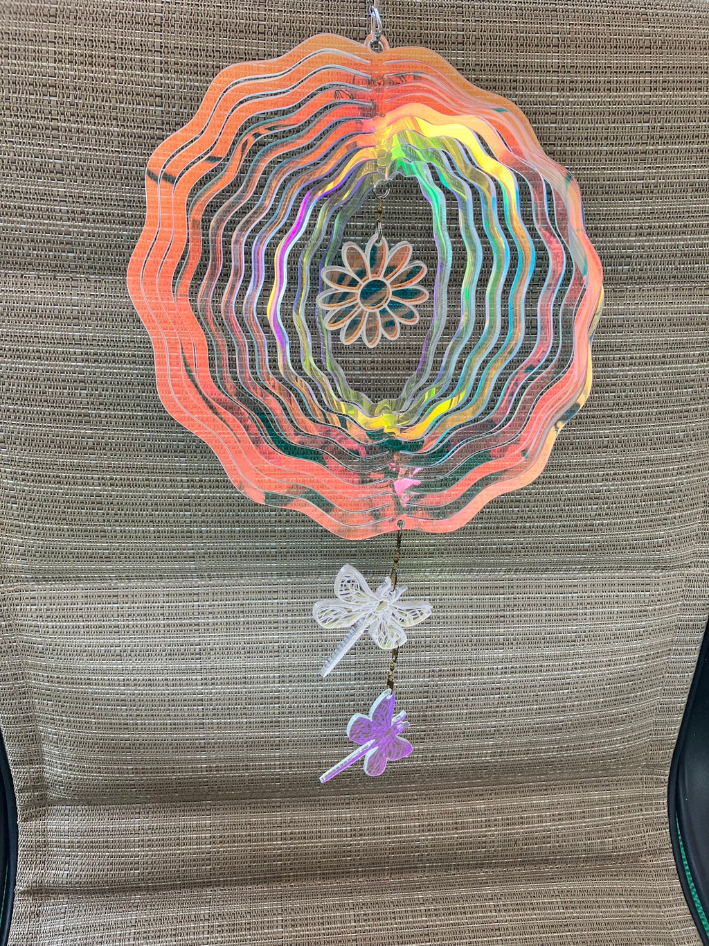 Iridescent Dragonfly Wind Spinner: Hanging Garden Decoration - Stitches and Wood