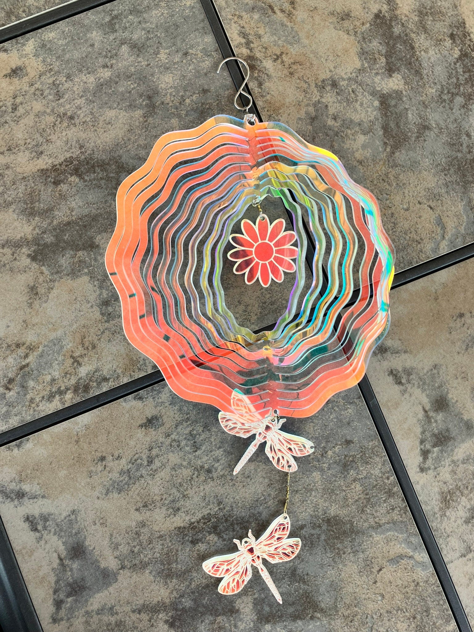 Iridescent Dragonfly Wind Spinner: Hanging Garden Decoration - Stitches and Wood