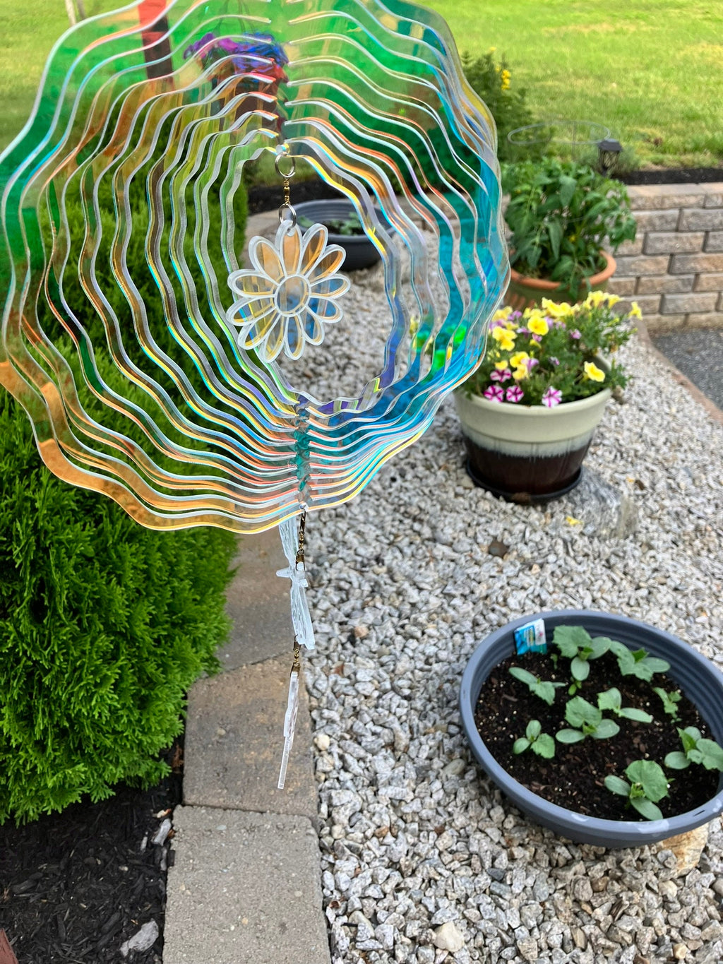 Iridescent Dragonfly Wind Spinner: Hanging Garden Decoration - Stitches and Wood