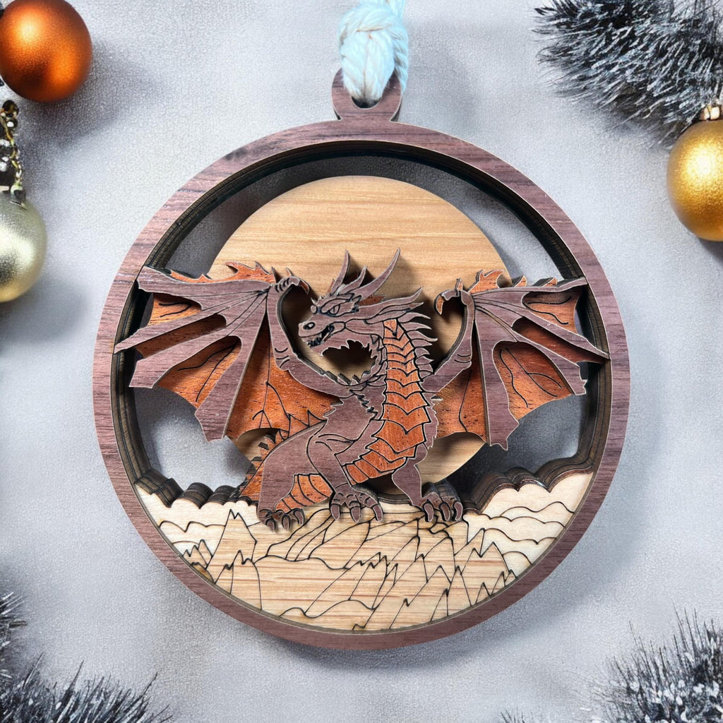 Laser-Cut Wooden Dragon Ornament – Layered Fantasy Christmas Décor for Dragon Lovers