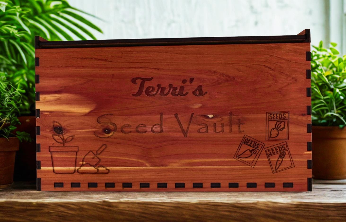 Personalized Cedar Seed Storage Box: Garden Organizer with Dividers